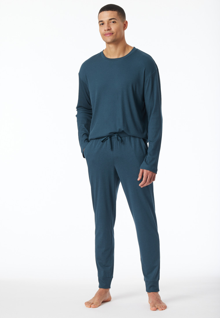 Schlafanzug Doppelripp lang Bündchen dunkelblau - Modern Nightwear