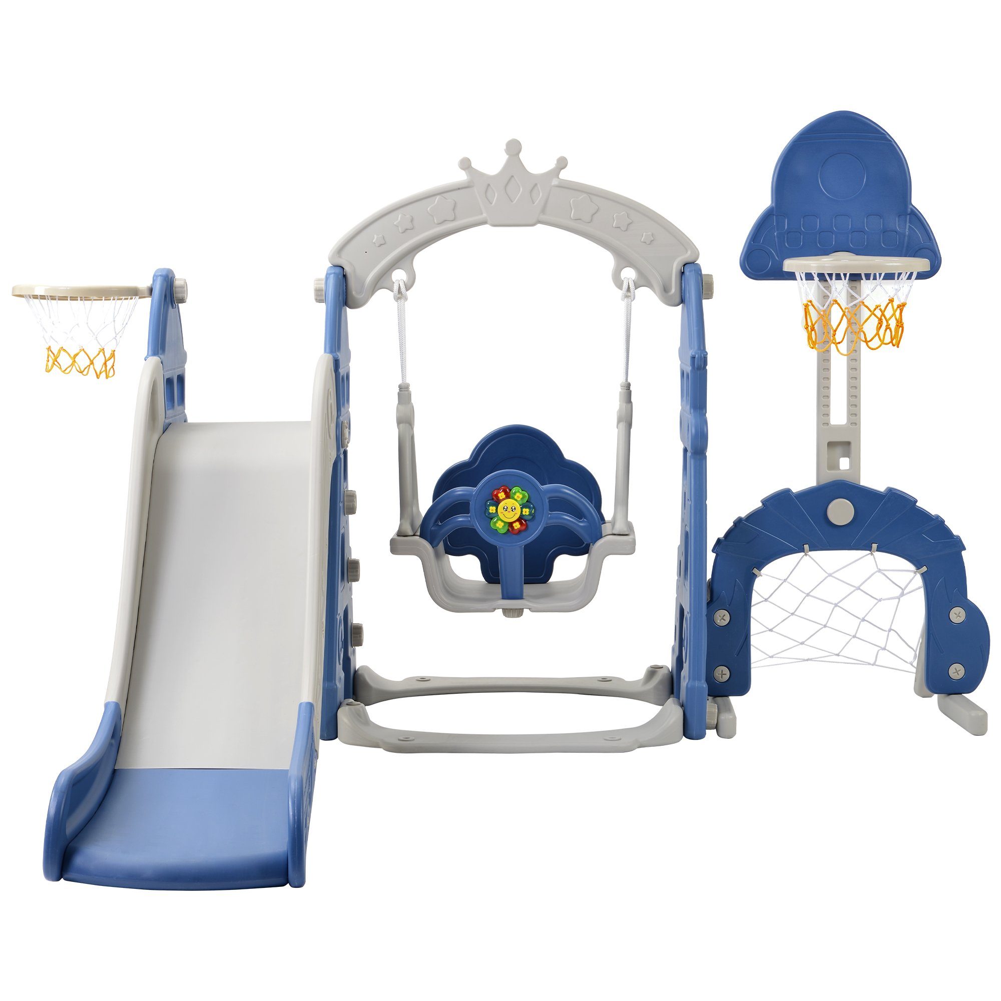 WISHDOR Indoor-Rutsche 5 in 1 Rutsche Kinderrutsche Fun-Slide Schaukel Kleinkinderrutsche, (Schaukel Rutsche Gartenrutsche, multifunktional mit Basketballkorb Fußballtor Kletterturm), mit Rutschbahn für 2-8 Jahre Kinder Indoor & Outdoor