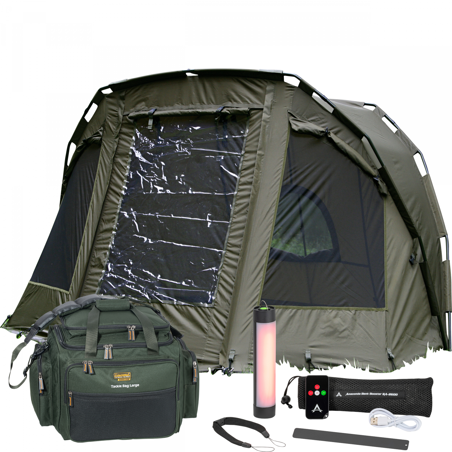 Anaconda Outdoor Set bestehend aus 1 x Bank Booster + 1 x 2-Mann-Karpfen-Zelt Moon Breaker II + 1 x Tackle Bag L