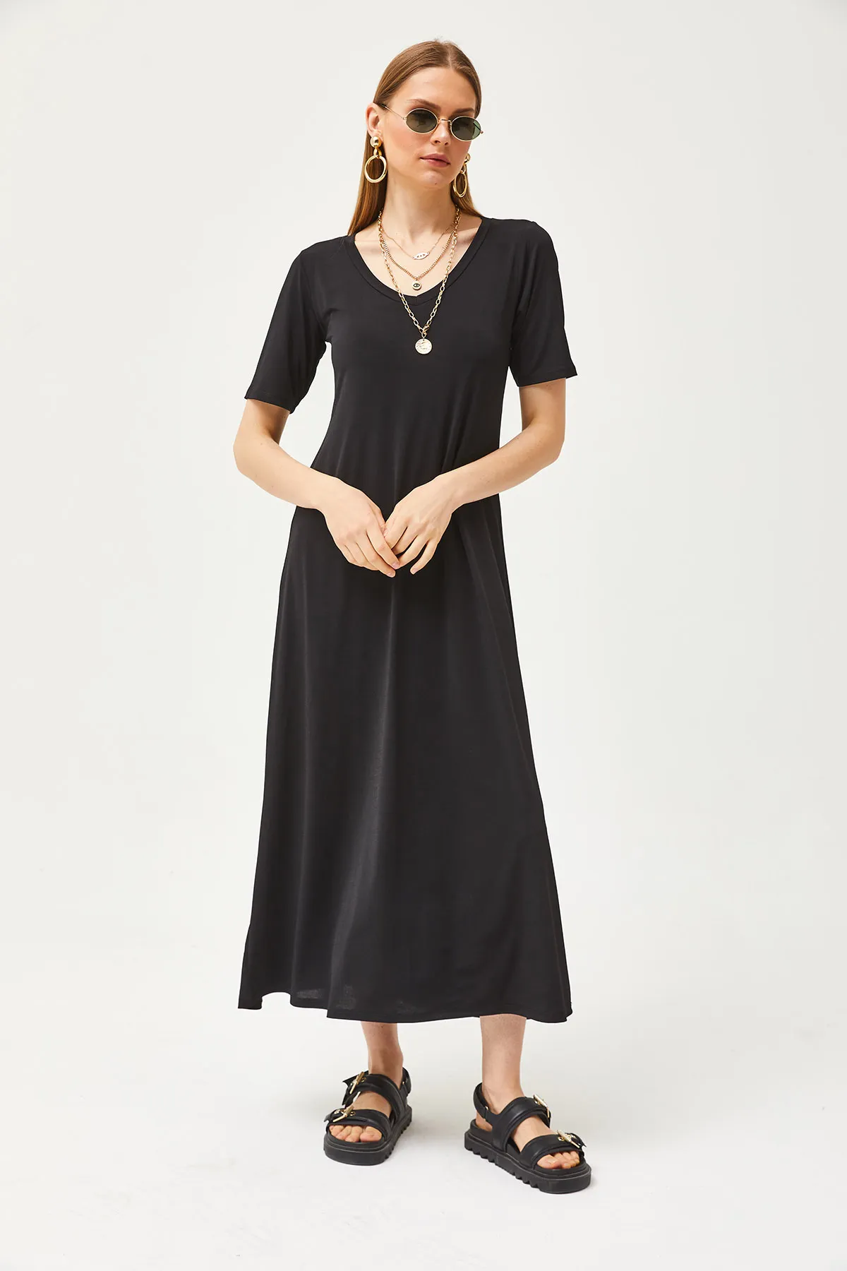 Olalook  Schwarzes lässiges Maxikleid mit V-Ausschnitt für Damen ELB-19002076