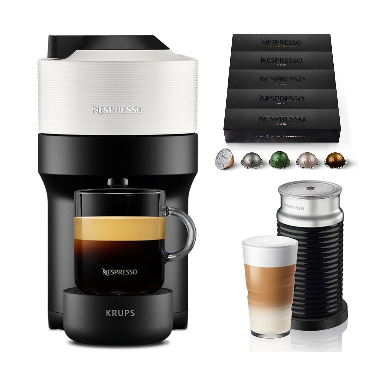 Krups Kapselmaschine XN9201.22 VERTUO POP WHITE, Aeroccino 3, 50 NESPRESSO ORIGINAL Kapseln