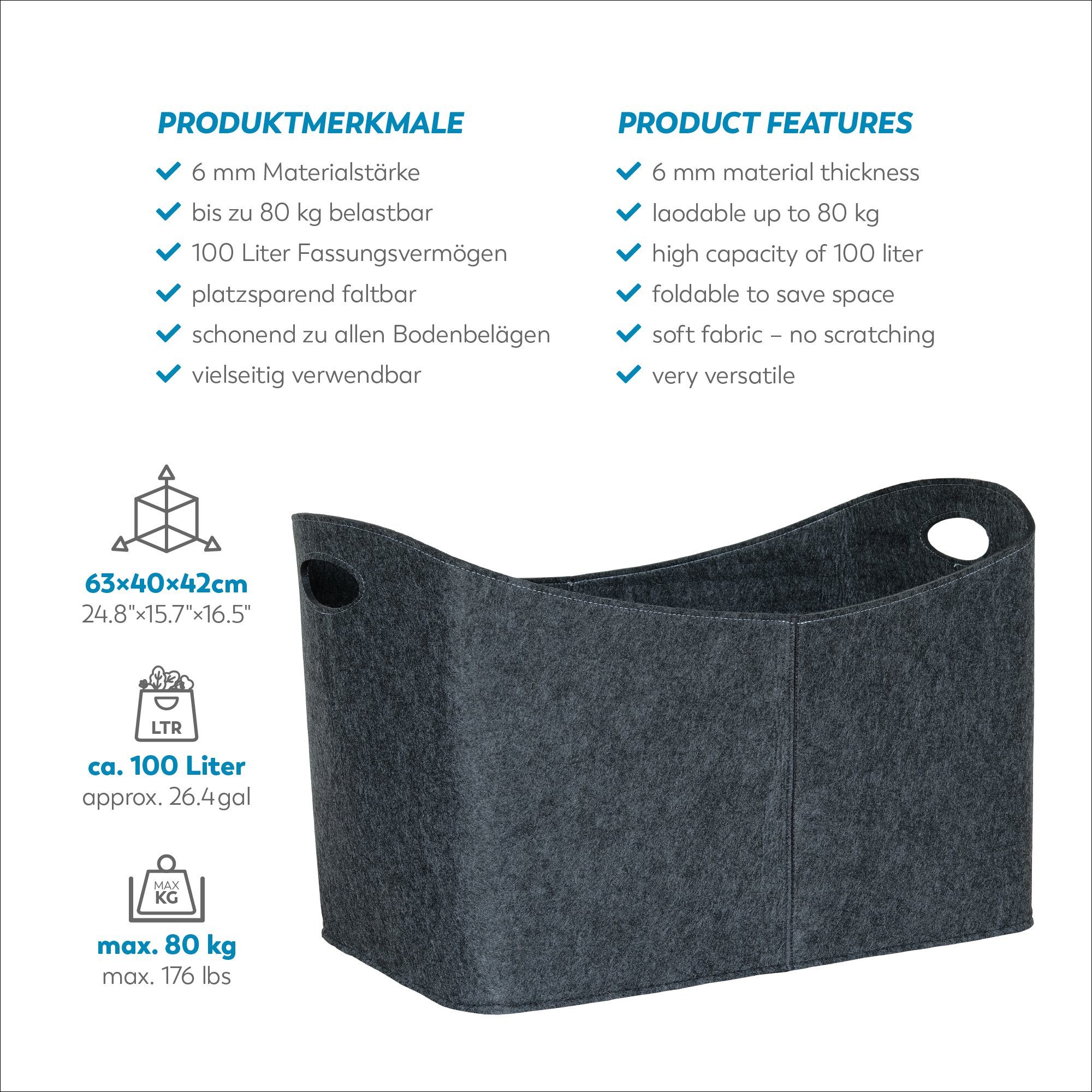 RUBBERNECK Aufbewahrungskorb Kaminholztasche Groß 3XL Filz für Kaminholz, Zeitungen - 63x40x42 cm