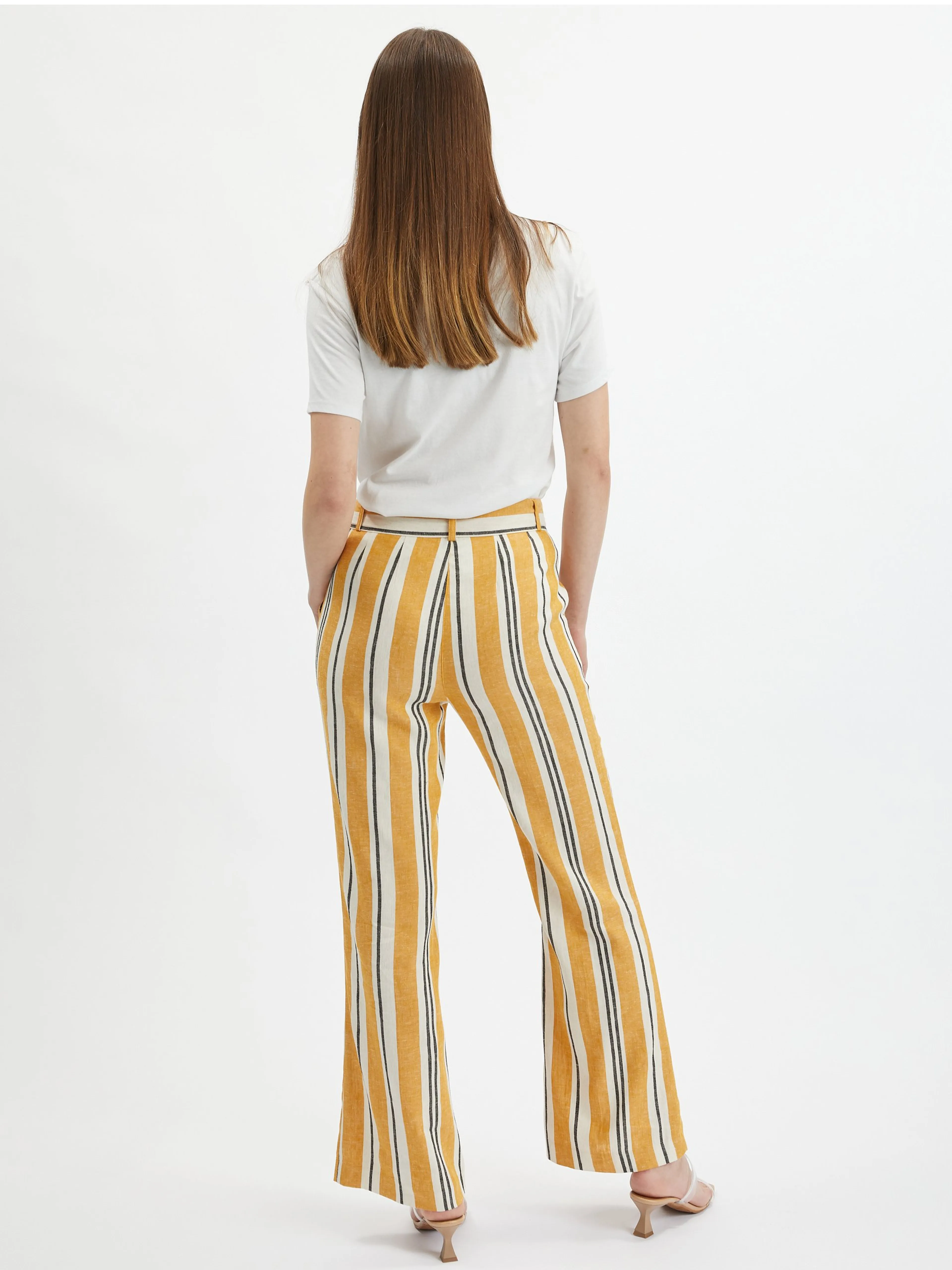 Orangefarbene gestreifte Damen-Leinenhose ORSAY