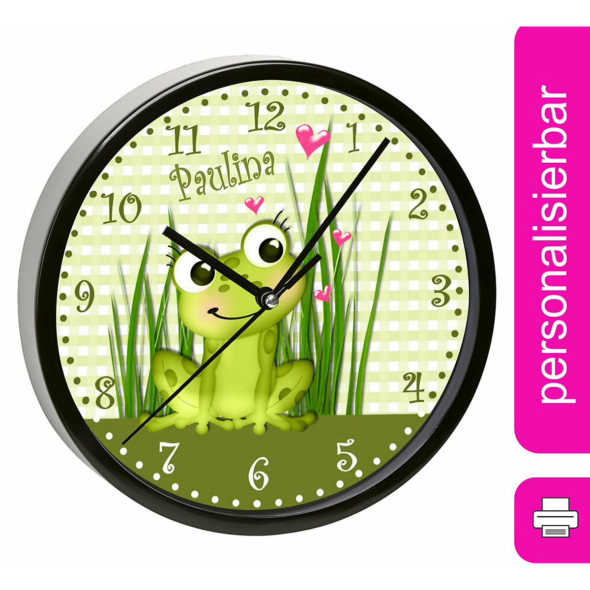 Kinder Wanduhr personalisiert mit Name Frosch-Graß-Karo