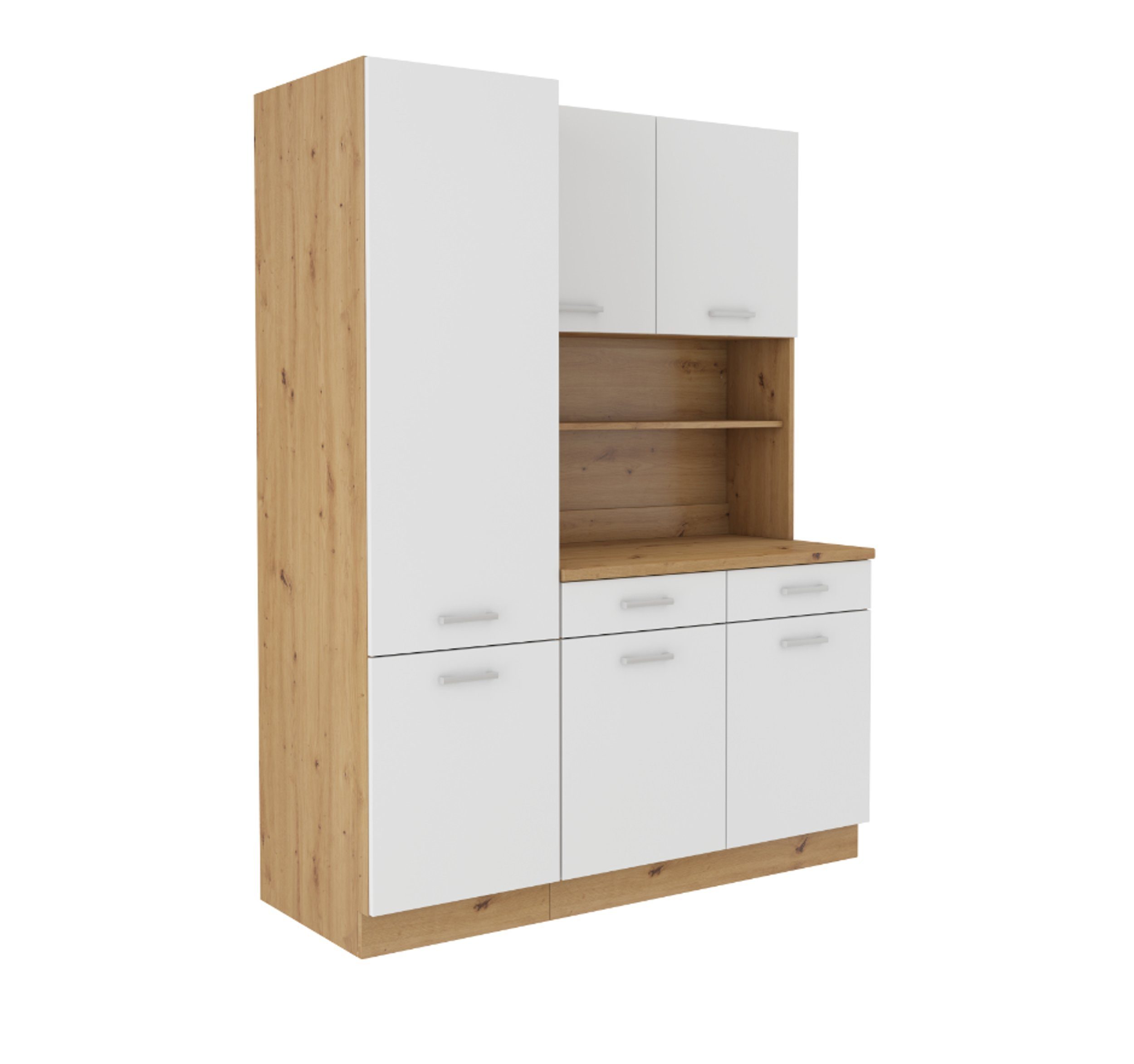 Küchen-Preisbombe Küchenbuffet Mario 150 cm Küche Küchenzeile Küchenblock Weiss matt + Eiche Artisan