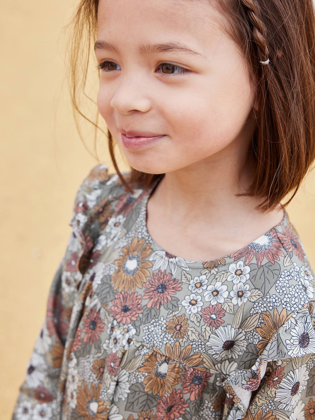 Robe imprimée fleurs manches volantées fille bleu nuit