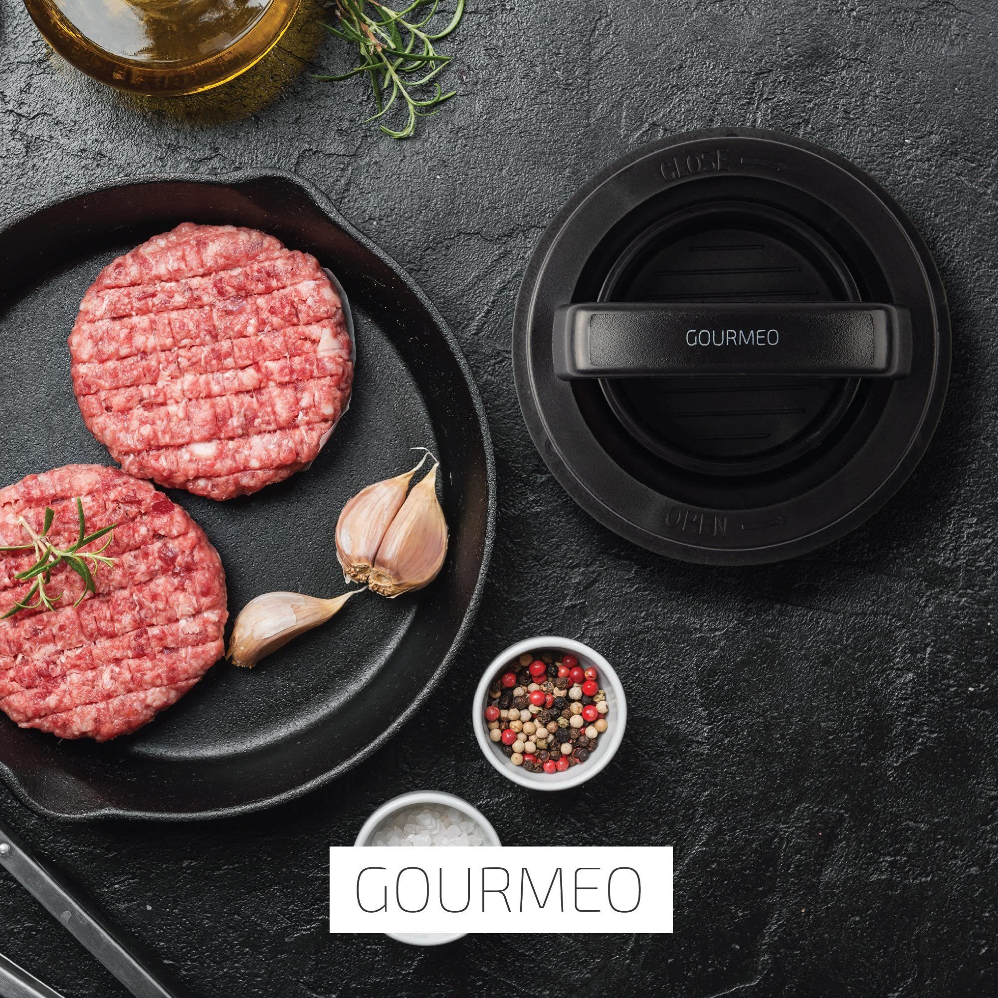 GOURMEO Burgerpresse 3-in-1 Burgerpresse mit Antihaftpapier für runde Patties, Kunststoff, 3-in-1 Burgerpresse mit Antihaftbeschichtung