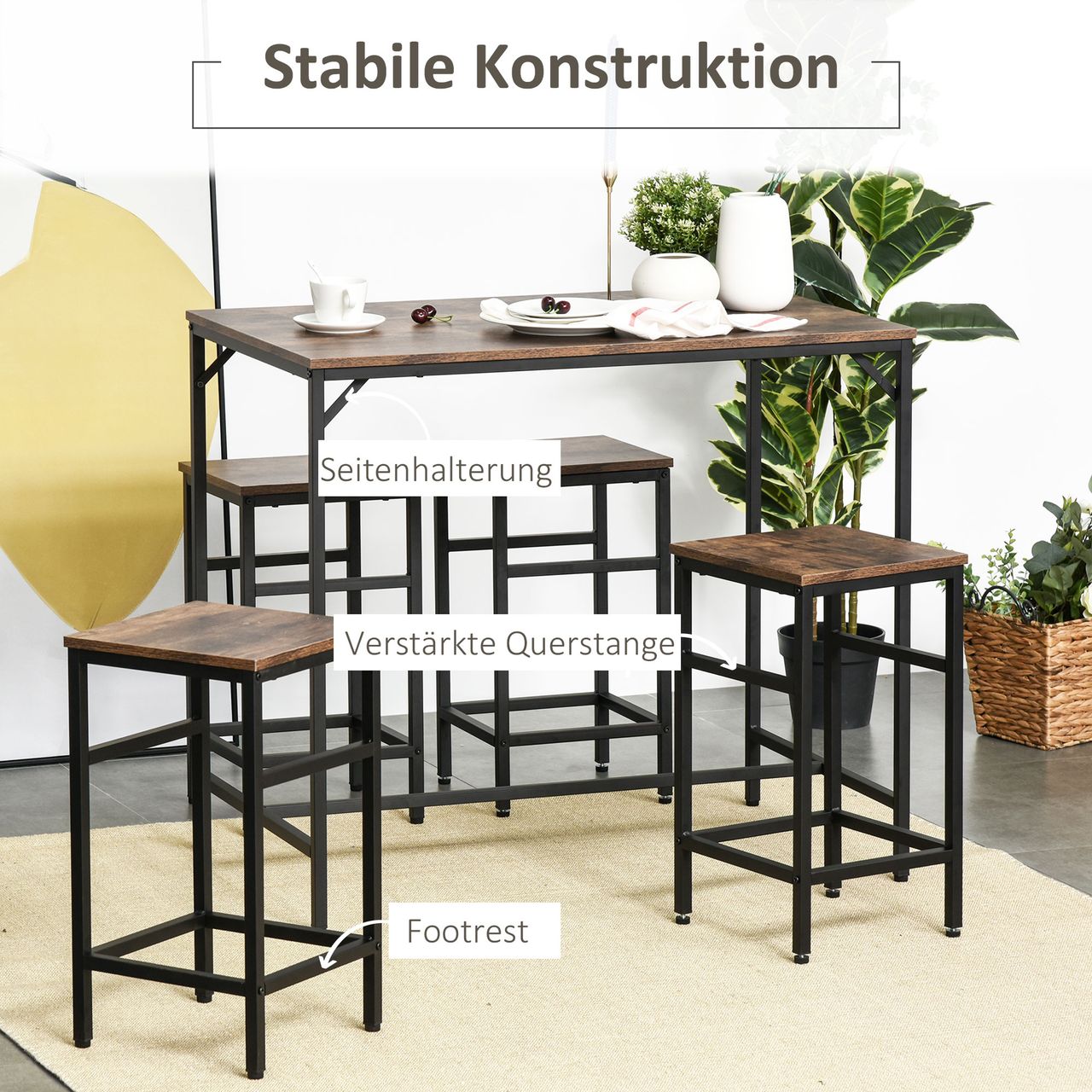 HOMCOM Bartisch-Set Stehtisch mit 4 Barhockern 5-teiliges Tischset Stahl Braun