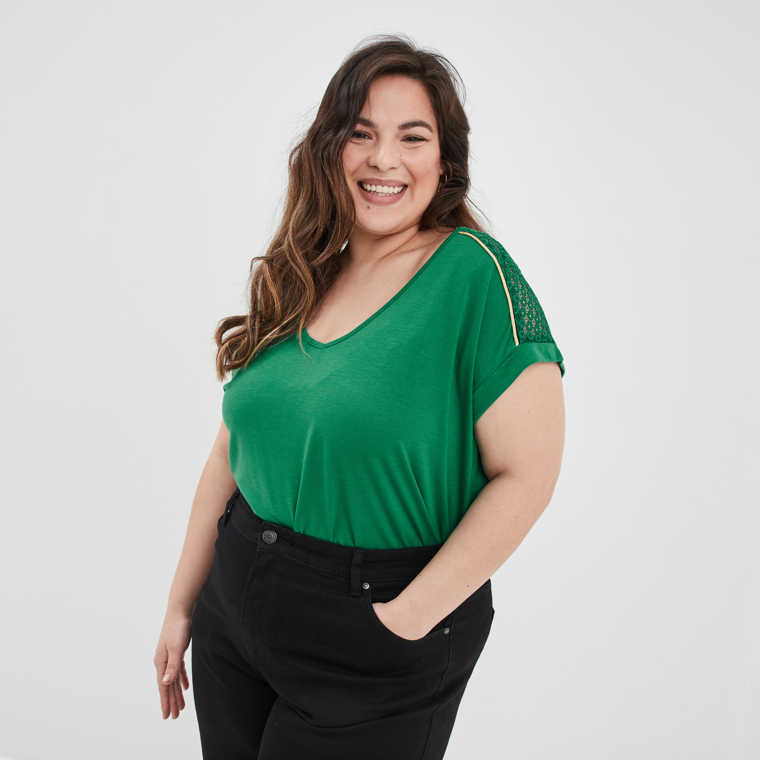 T-shirt manches courtes vert émeraude femme grande taille | La Halle