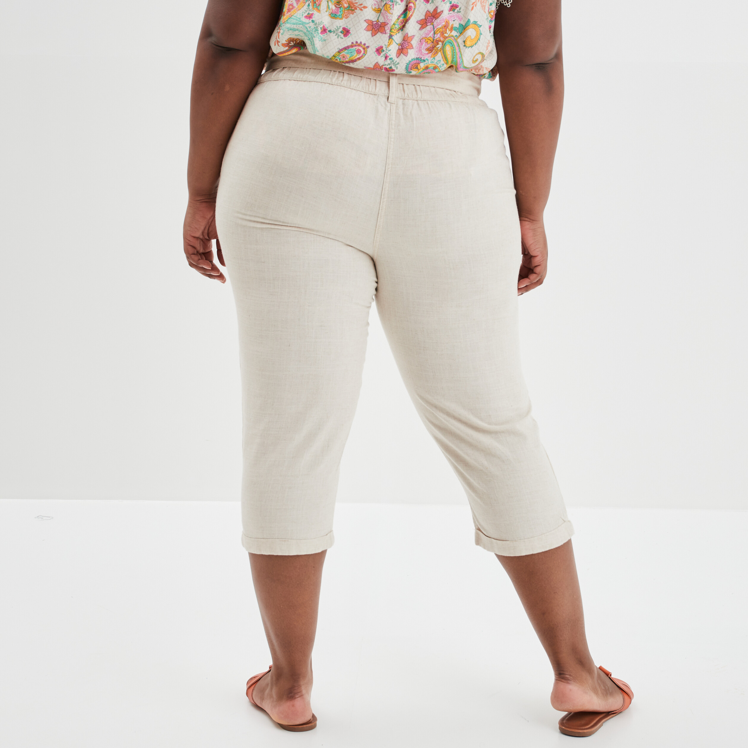 Pantacourt droit ceinturé mélange de lin beige femme grande taille | La Halle
