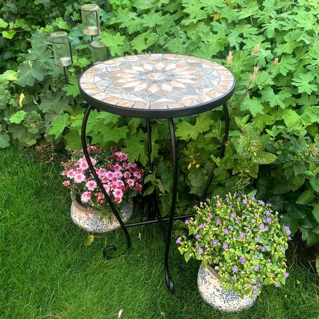 K&L Wall Art Blumenhocker Beistelltisch Mosaiktisch Pflanzenhocker Gartentisch Blumentreppe, Naturstein Mosaik Tischplatte
