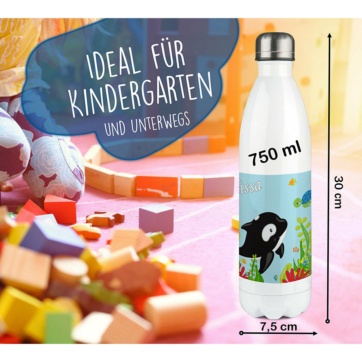 Edelstahl Kinder Thermoflasche / Trinkflasche bunt Unterwasserwelt Spülmaschinenfest, Auslaufsicher, Bruchfest, Doppelwandig, Für Heißgetränke geeignet, Mit Deckel, Isoliert