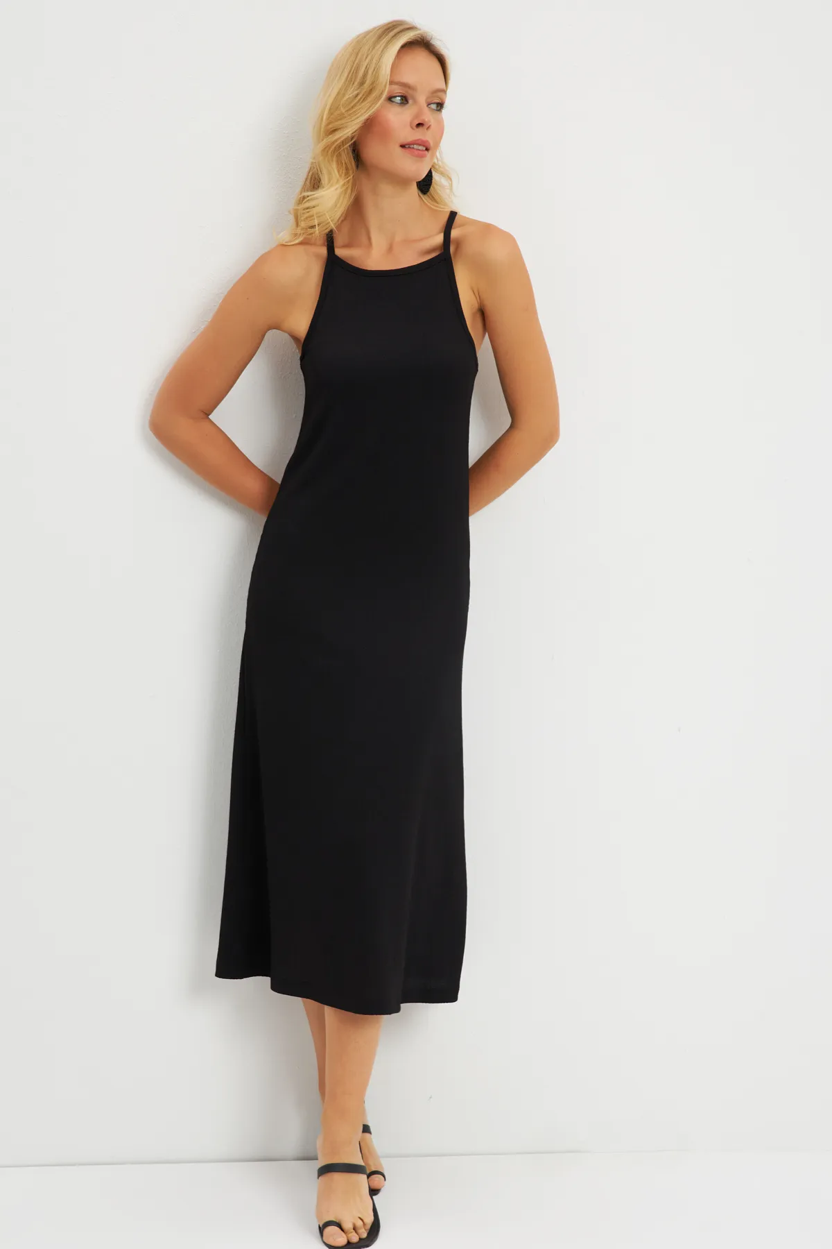 Cool & Sexy  Schwarzes Neckholder-Midikleid mit Wickeldesign für Damen DMR166