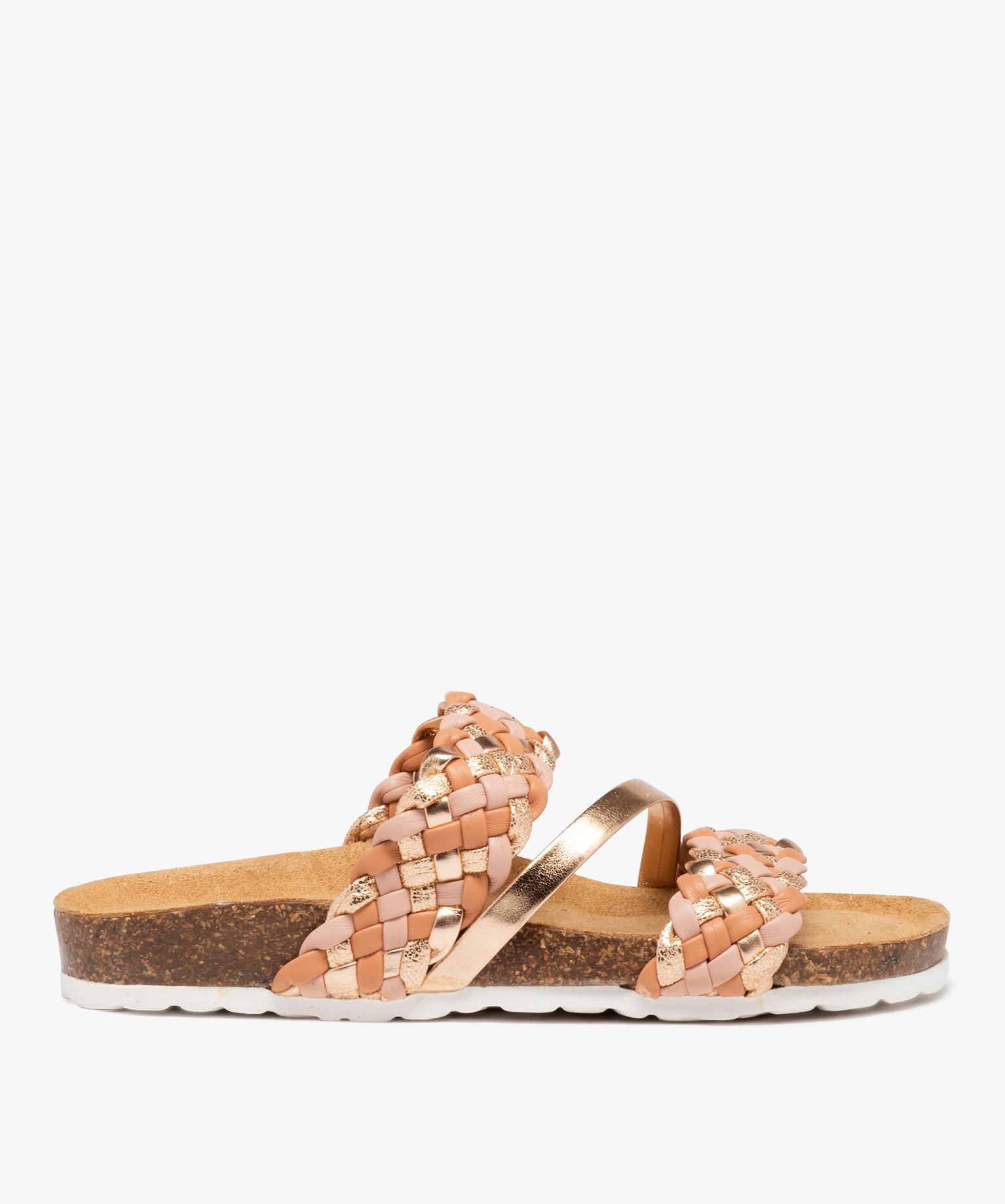 Mules femme plates à brides larges tressées fantaisie rose | GEMO