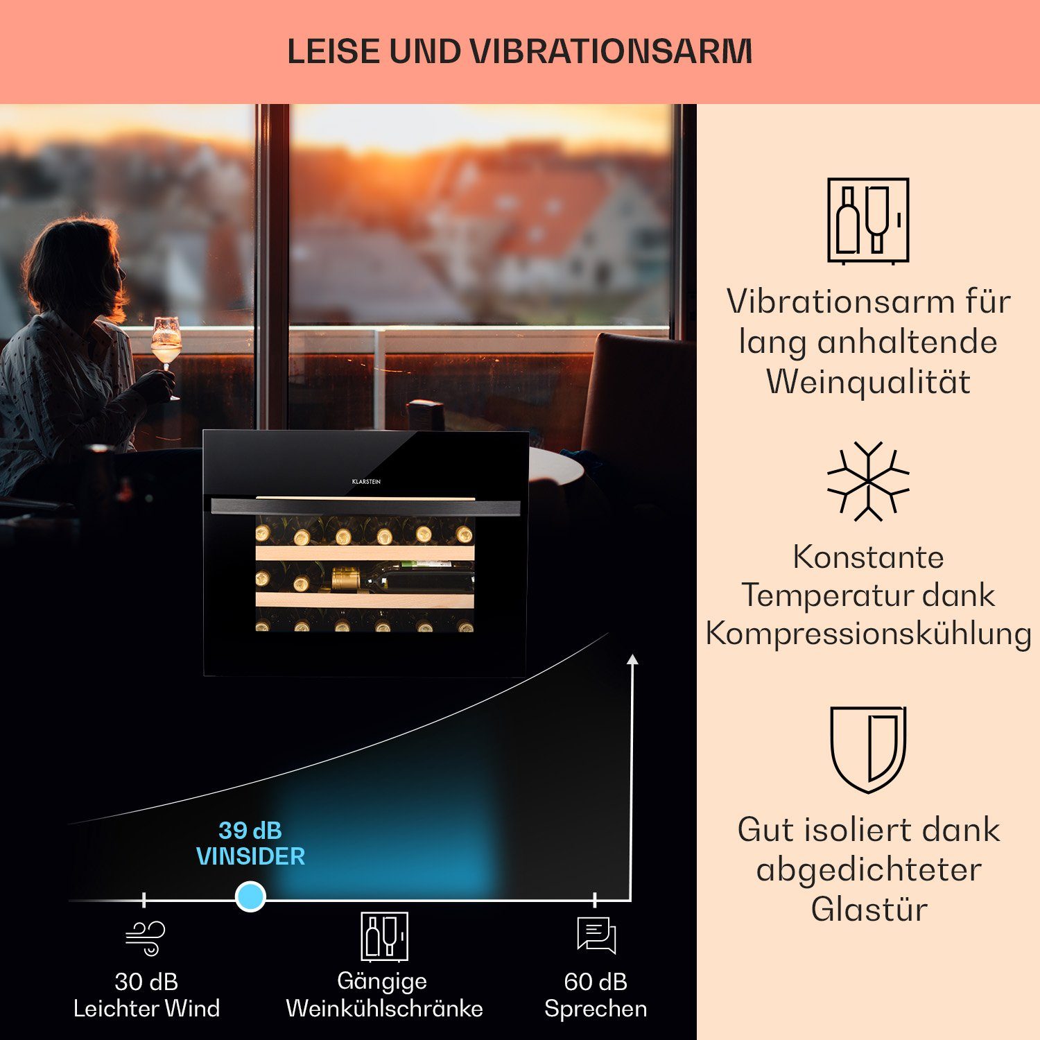 Klarstein Weinkühlschrank Vinsider 24 Built-In Uno, für 24 Standardflaschen á 0,75l,Wein Flaschenkühlschrank Weintemperierschrank Weinschrank Kühlschrank