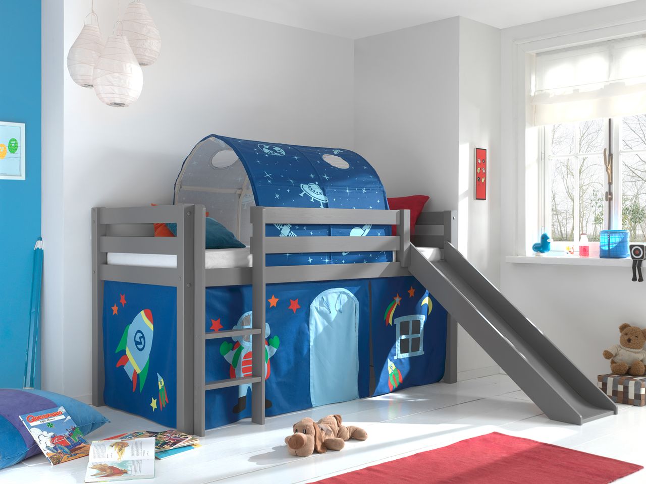 VIPACK Spielbett Pino inkl. Rutsche mit Textilset Vorhang und Tunnel 