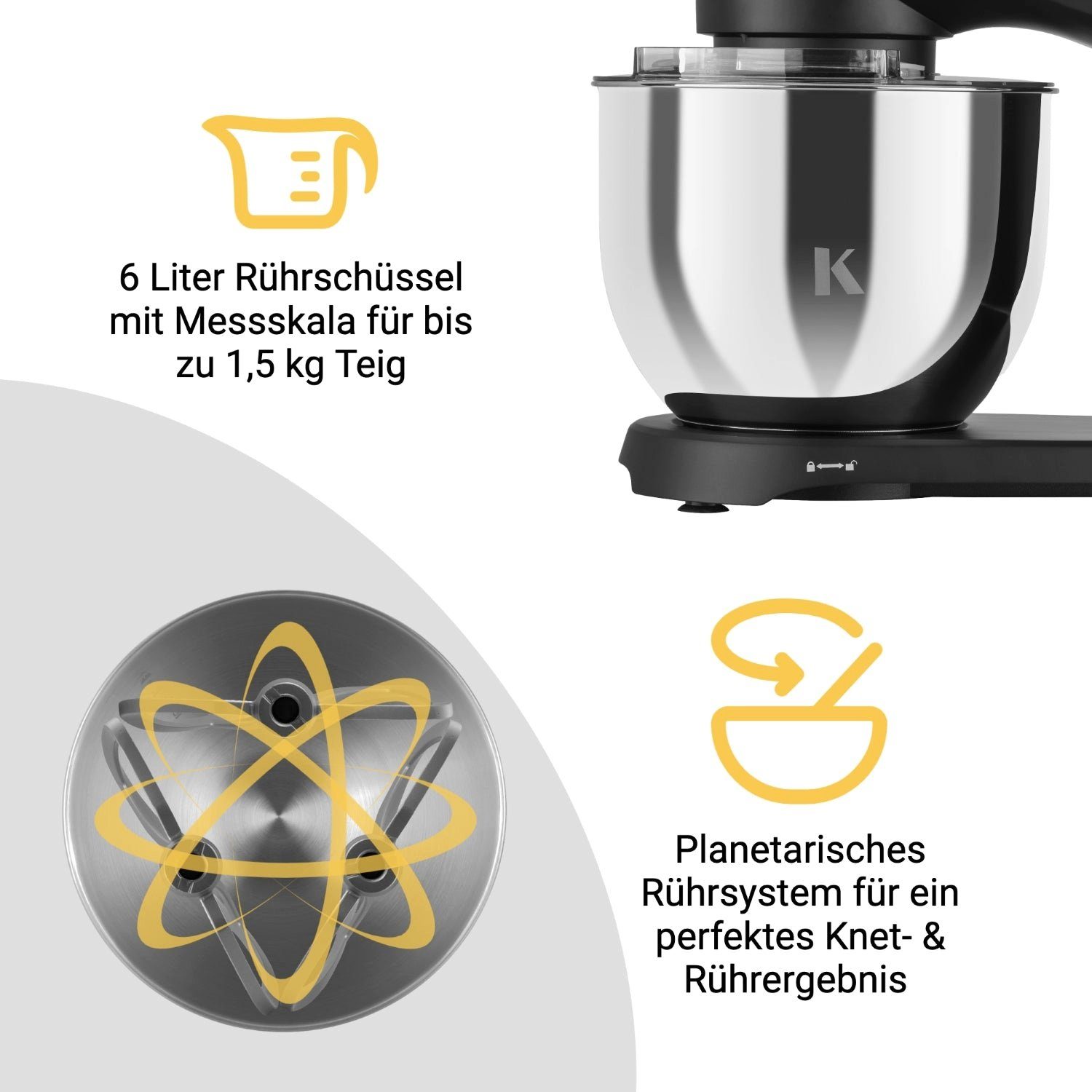KLAMER Küchenmaschine KLAMER Küchenmaschine 1800W, Knetmaschine mit 6 Liter Edelstahl Schüs…