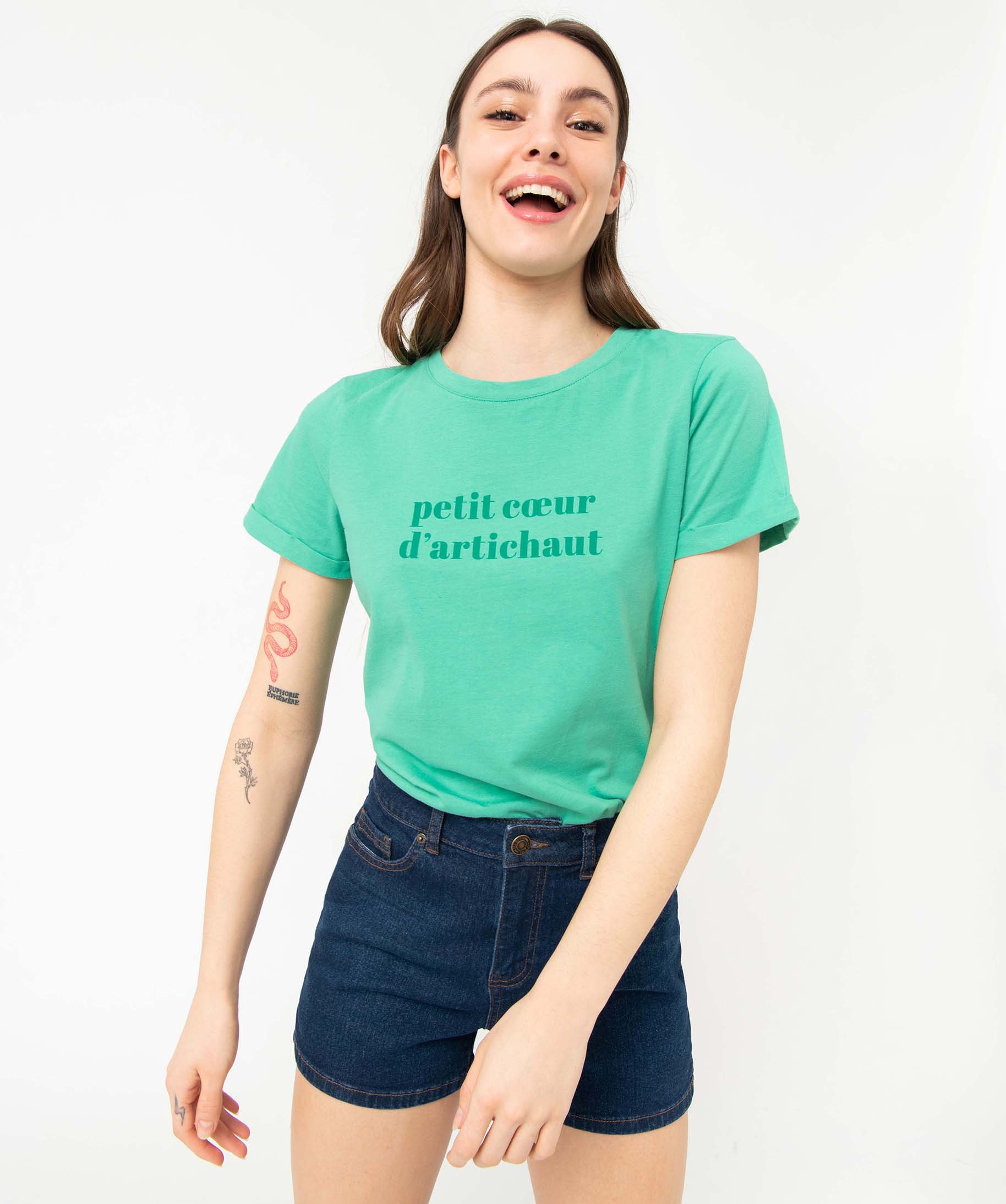 Tee-shirt femme à manches courtes avec message vert | GEMO
