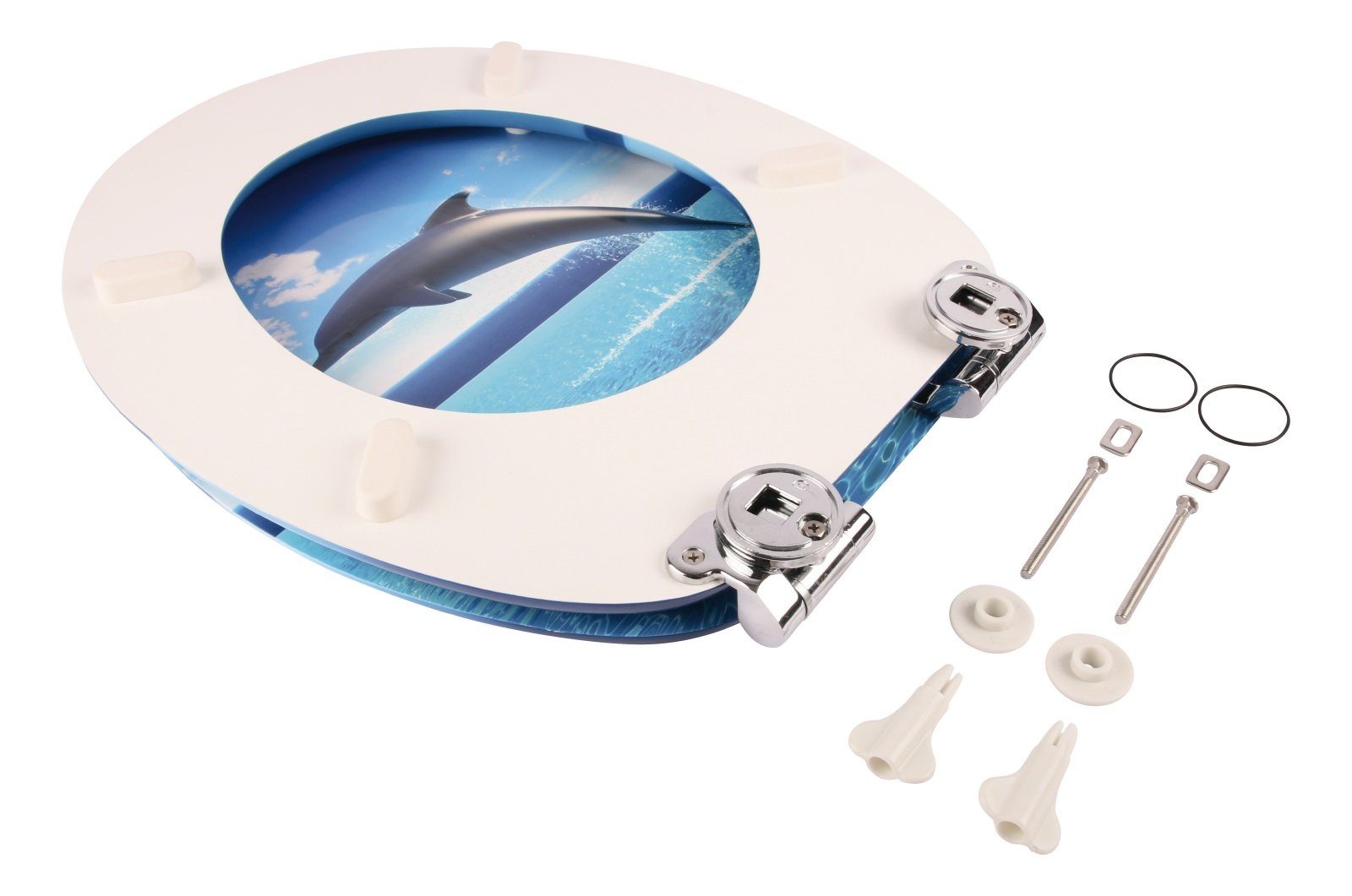 Calmwaters WC-Sitz Motiv Delfine & Fische , Motiv Delfin, Holzkern, Absenkautomatik, Montage von unten, 26LP2835