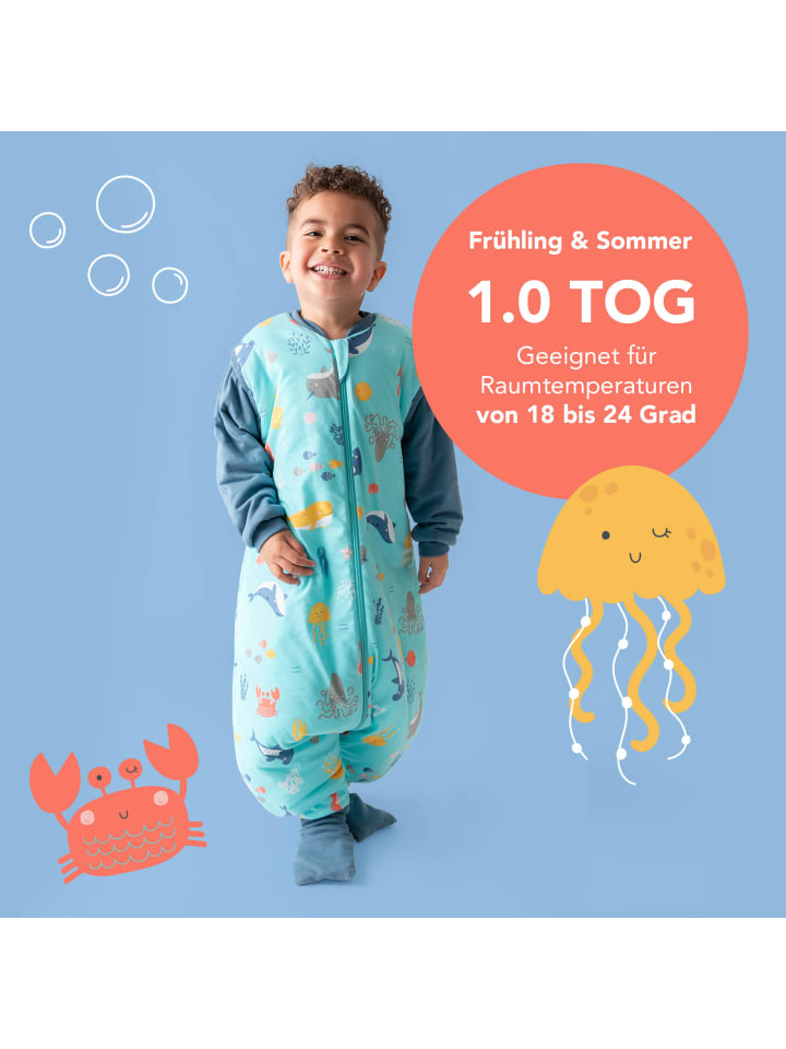 Schlummersack Schlafsack mit Füßen, umklappbaren Bündchen und Ärmeln, 1.0 TOG in Hellblau günstig kaufen