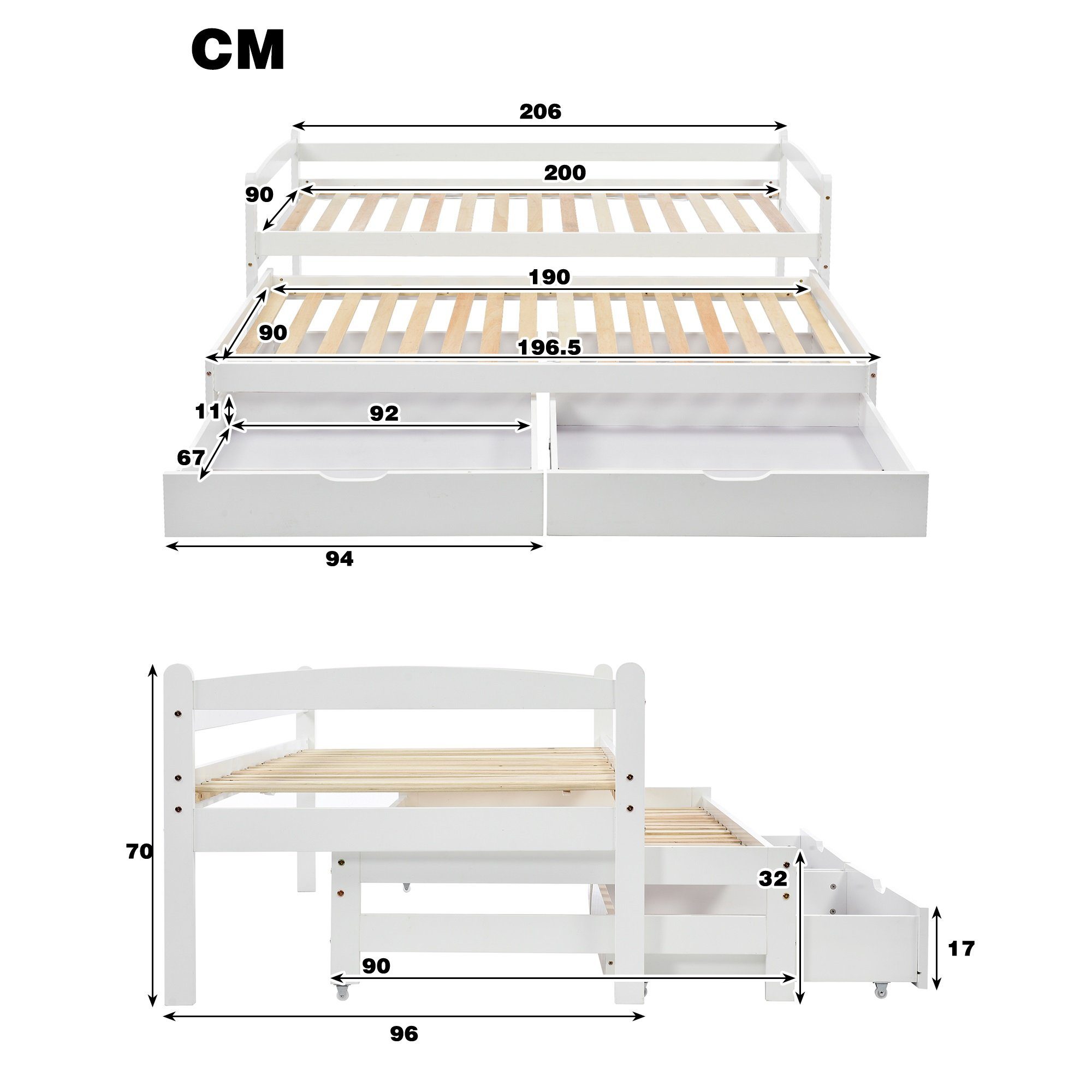 WISHDOR Kinderbett Bett, Tagesbett, Einzel- und Doppelbett, Schiebebett (mit 2 MDF-Schubladen, mit Rollen unten 200x90cm/190x90cm), Ohne Matratze