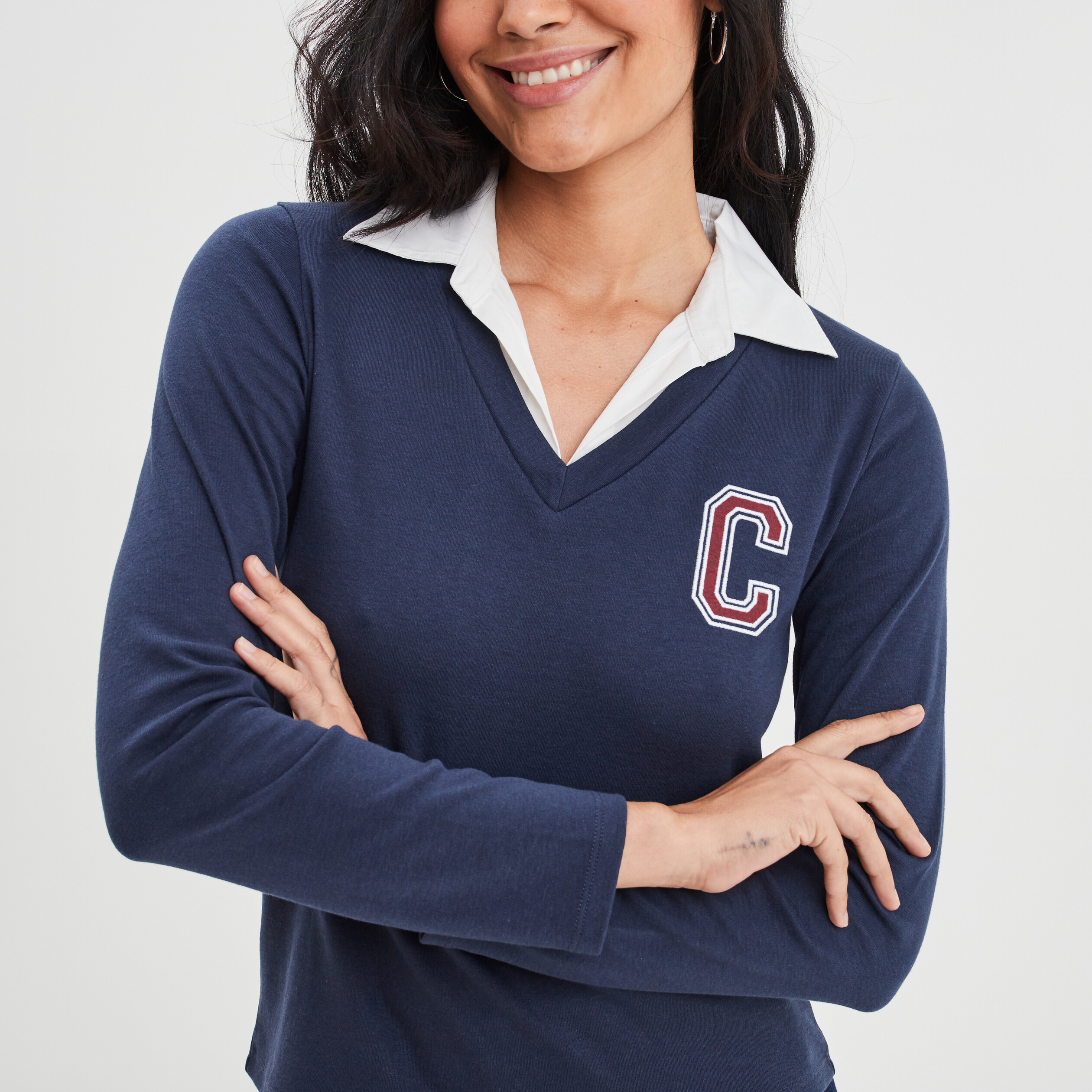 T-shirt col chemise Creeks bleu marine femme | La Halle