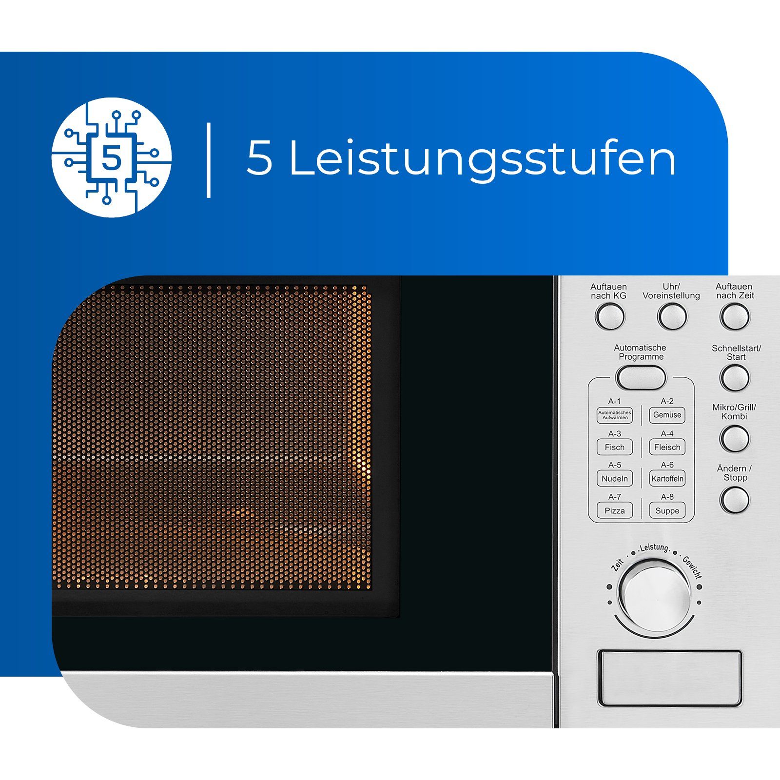 exquisit Einbau-Mikrowelle EMW 20.1, Grill, Auftaufunktion, 20,00 l, Timer, Edelstahl-Garraum, 8 Automatikprogramme