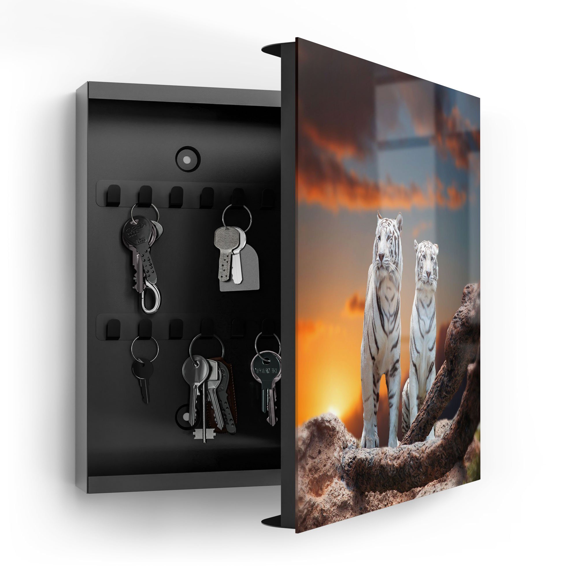 DEQORI Schlüsselkasten 'Weiße Tiger im Abendlicht', Glas Schlüsselbox modern magnetisch beschreibbar