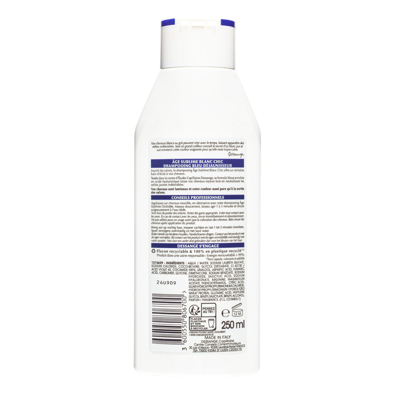 Dessange Age Sublime Blanc Chic Shampooing Bleu Déjaunisseur Cheveux Blancs et Gris