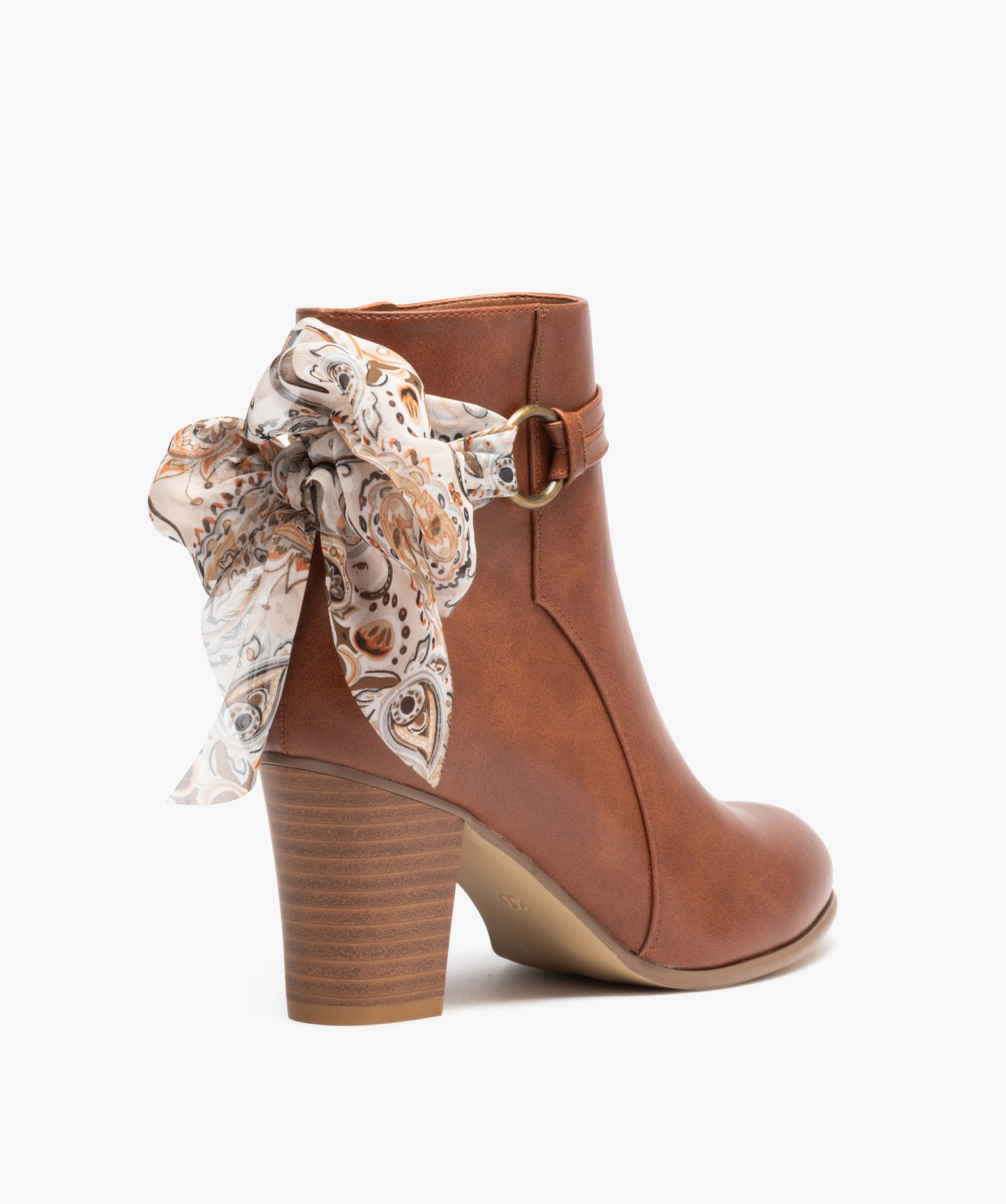 Boots femme à talon avec dessus uni et bride foulard camel | GEMO