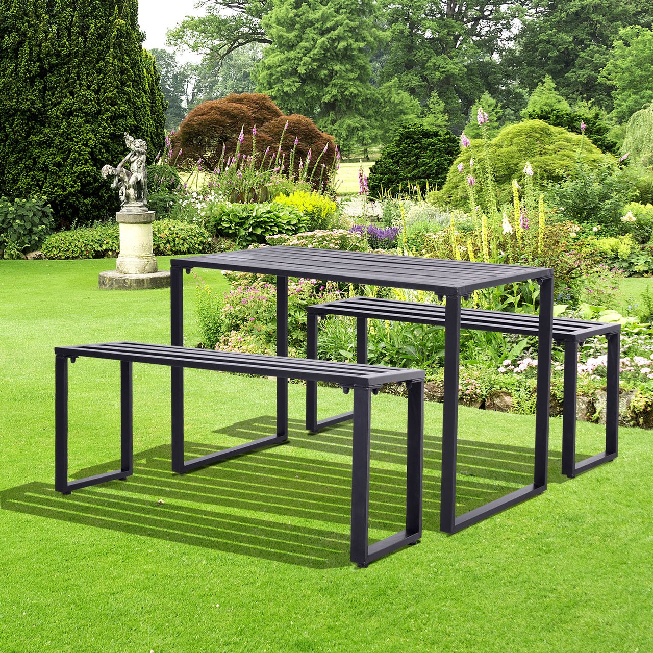 Outsunny Outdoor Tisch-Set Festgarnitur 3-tlg. Sitzgruppe Gartengarnitur Metall