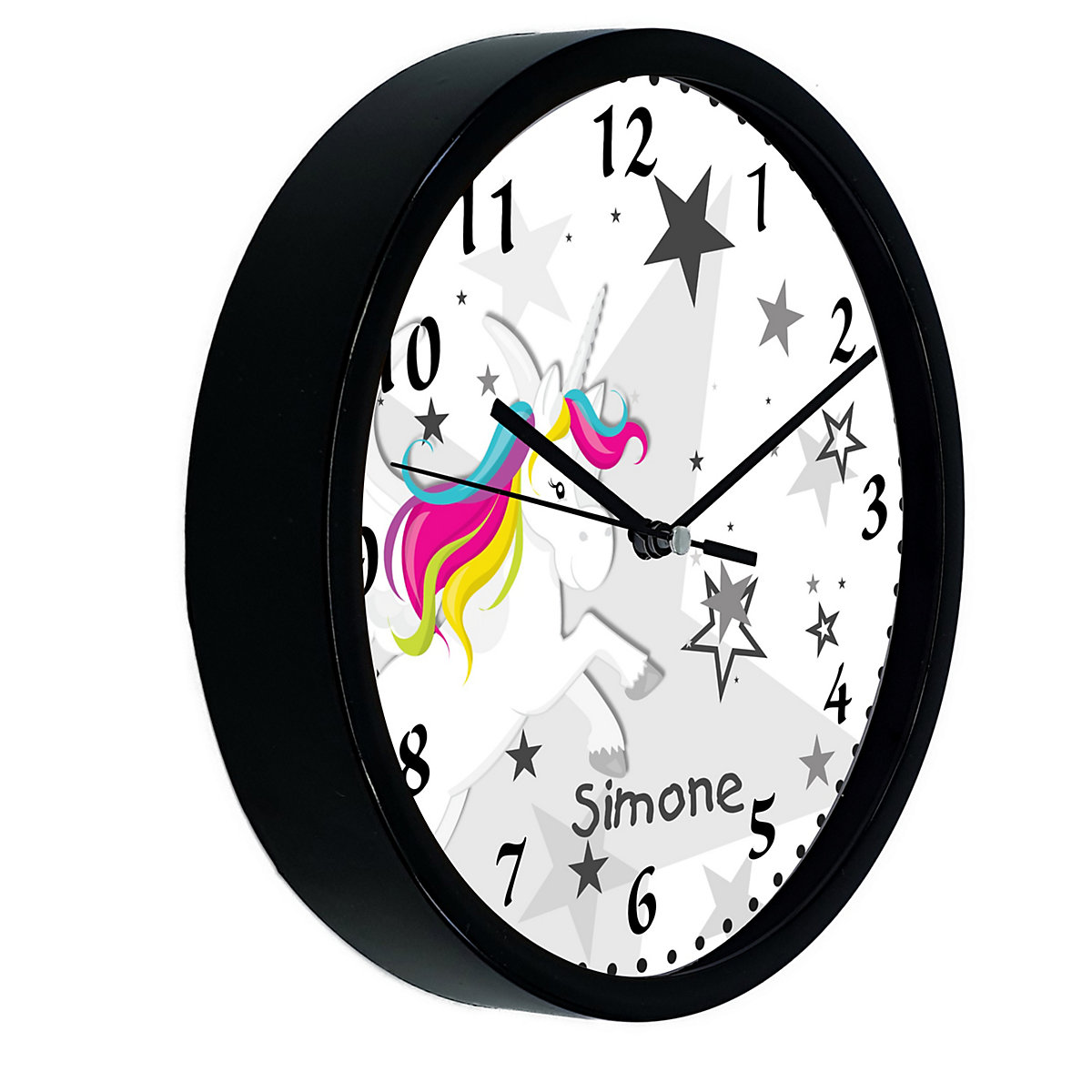 Kinder Wanduhr personalisiert mit Name Pegasus Sterne Grau