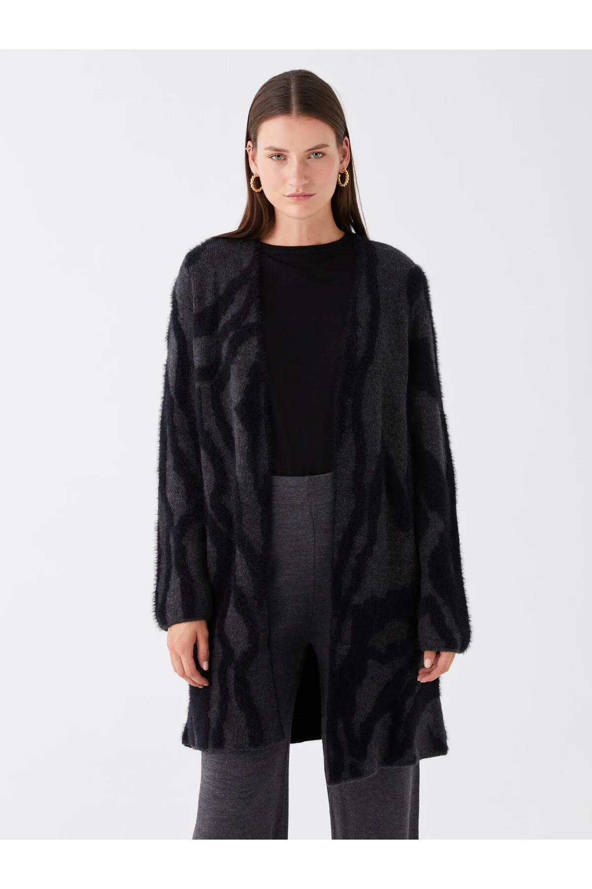 LC Waikiki  Gemusterter Langarm-Strick-Cardigan für Damen mit Schalkragen