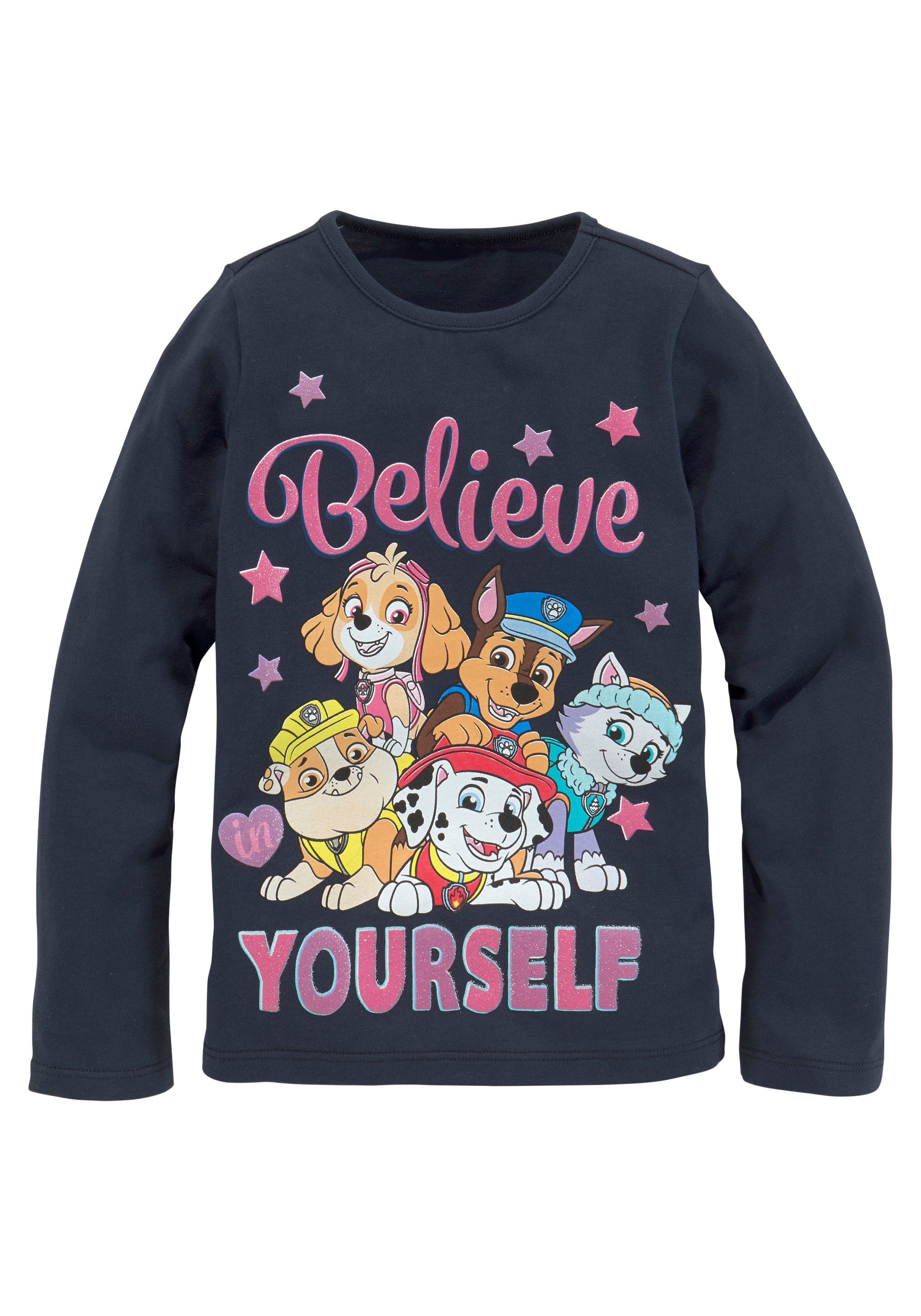 PAW PATROL Langarmshirt Schriftzug mit PAW PATROL Team
