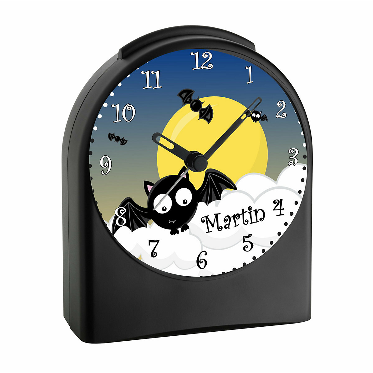 Kinder Funkwecker personalisiert mit Namen Fledermaus Atom-/Funkuhr, 12-Stunden-Anzeigeformat, Schlummerfunktion, Nachtlicht, Geräuschlos/Ohne Ticken