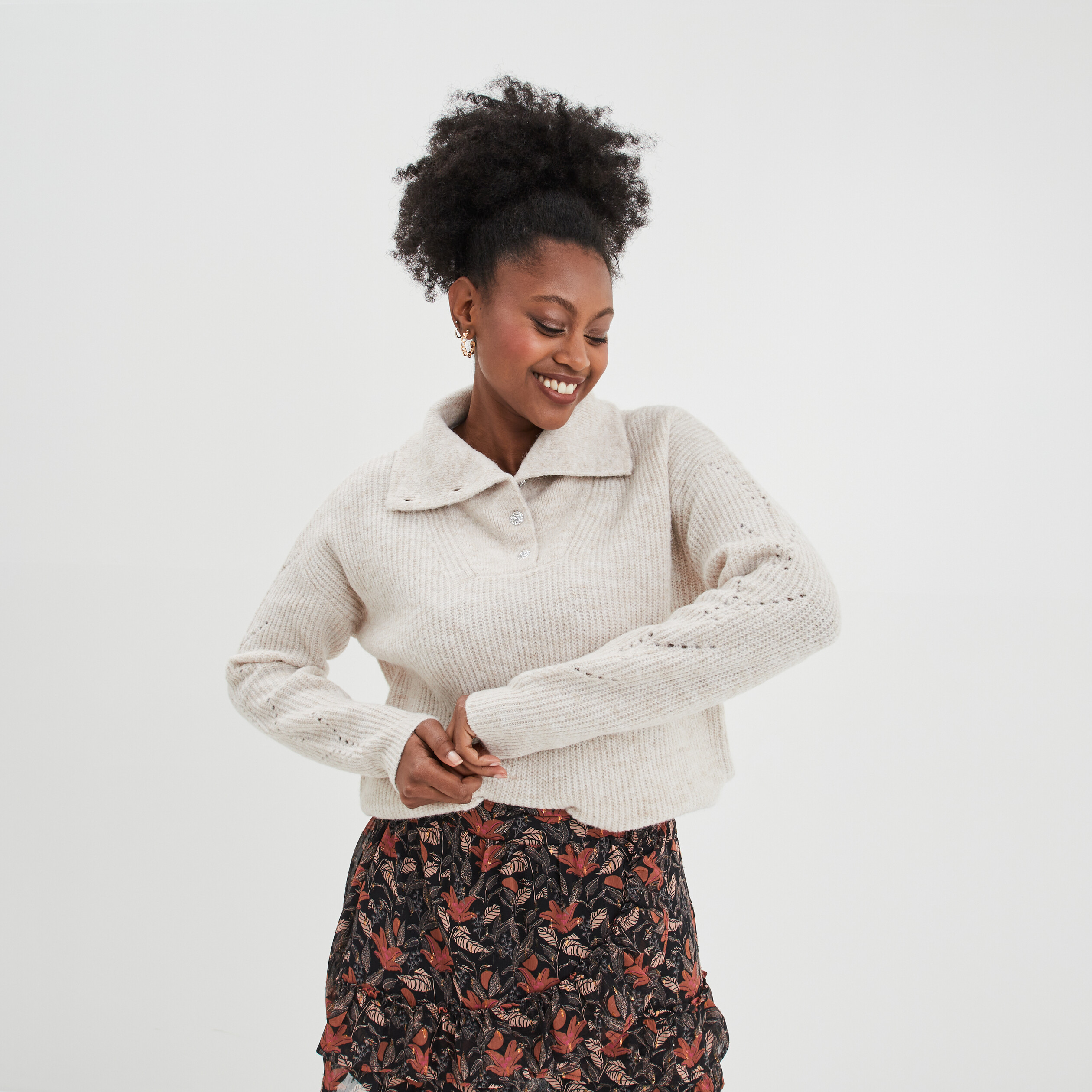 Pull col camionneur manches ajourées beige femme | La Halle