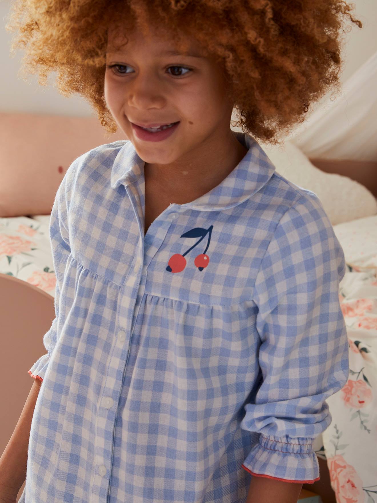 Chemise de nuit vichy en flanelle + legging uni carreaux bleu