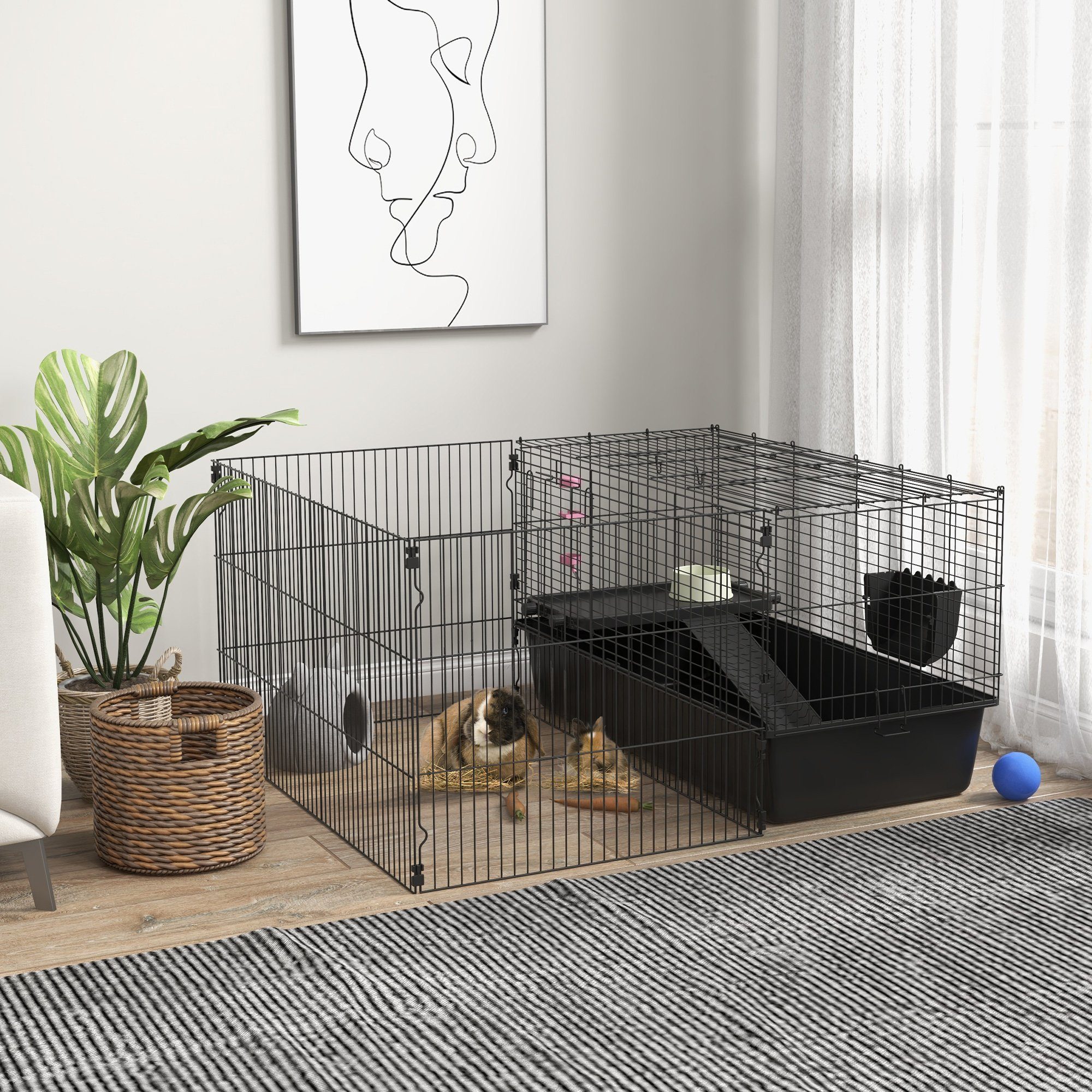 PawHut Kleintierkäfig Kleintierkäfig Nagerkäfig mit Zubehör Kleintierstall Stahl Schwarz, 112.5L x 99B x 54Hcm