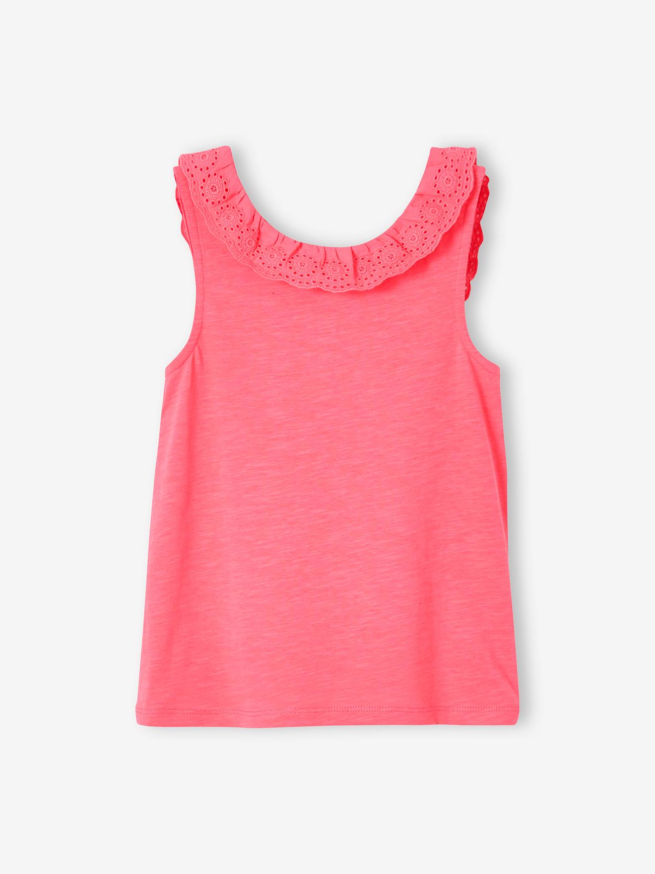 Débardeur fille col volanté en broderie anglaise bleu