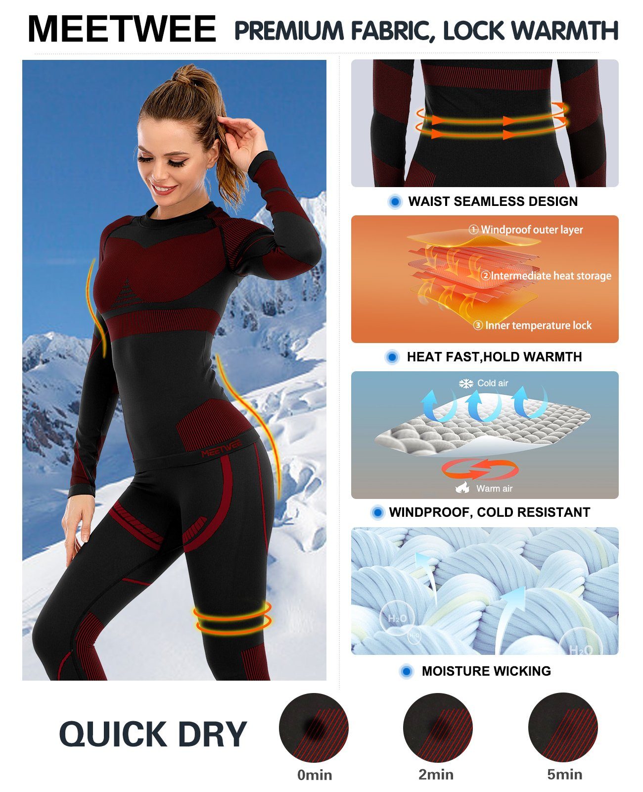 MEETYOO Thermounterhose Damen Thermounterwäsche Set Funktionswäsche Ski Thermohose (Unterhemd Unterhose, Skiunterwäsche, Funktionswäsche, Basisschicht) Snowboarden Radfahren Camping Skifahren