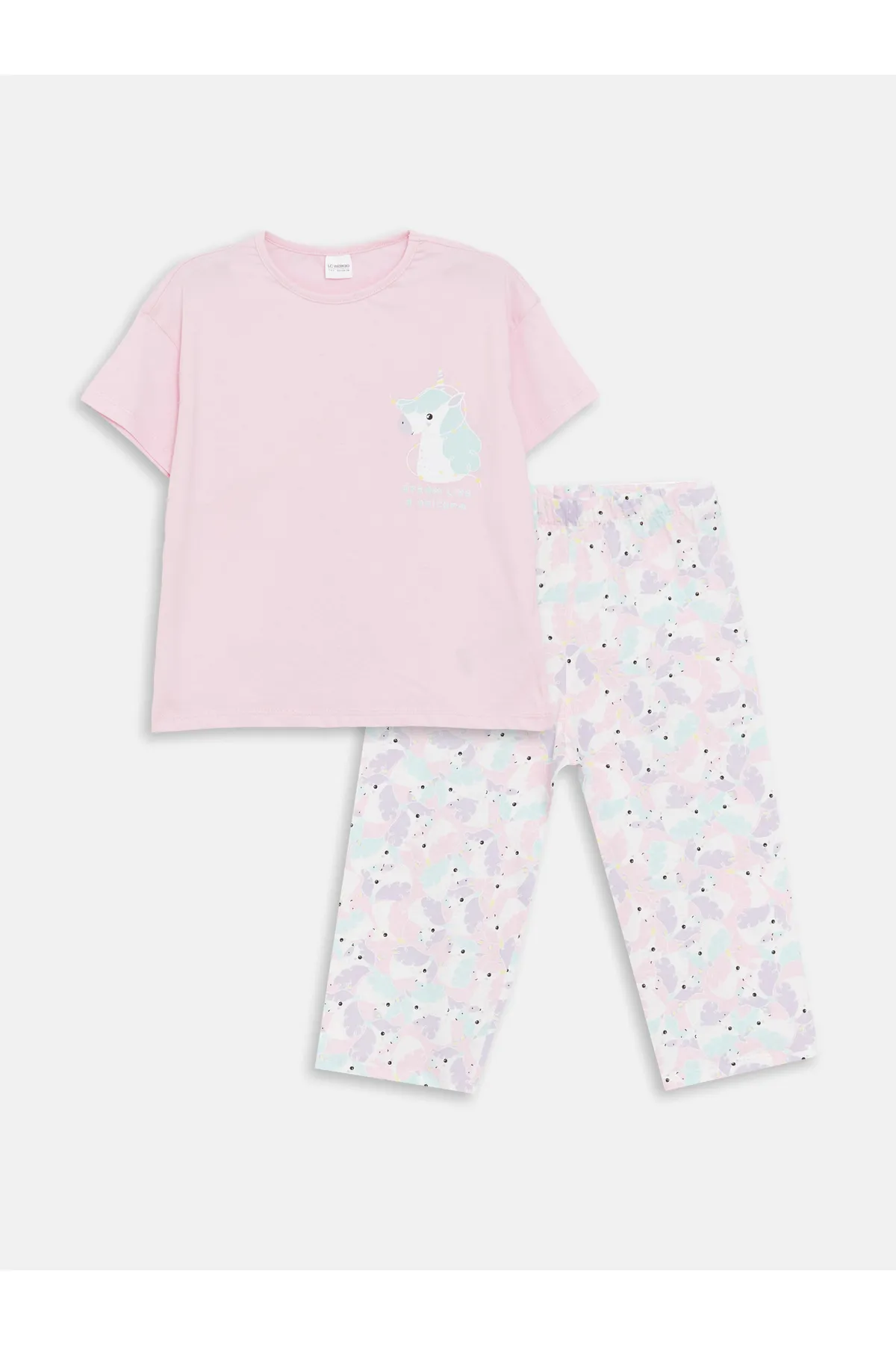 LC Waikiki  Bedrucktes Kurzarm-Pyjama-Set für Mädchen mit Rundhalsausschnitt