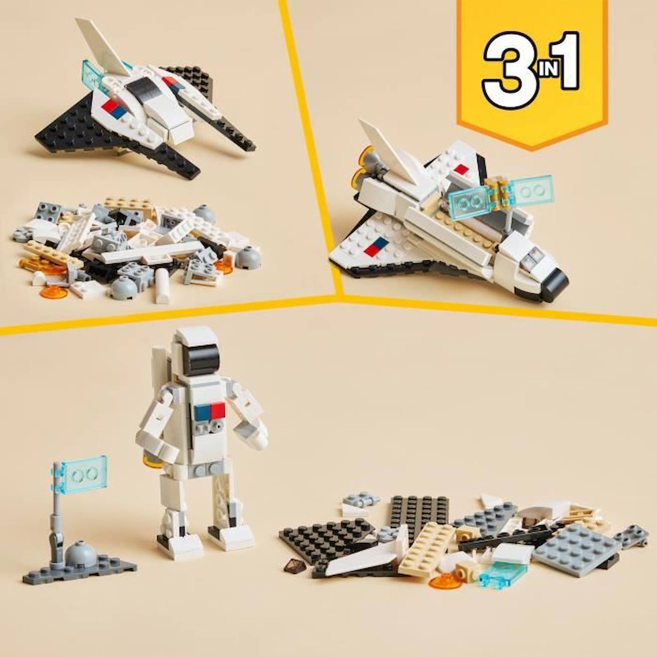 LEGO® Creator 3-en-1 31134 La Navette Spatiale, Jouet Figurine Astronaute avec Vaisseau, Enfants 6 Ans blanc