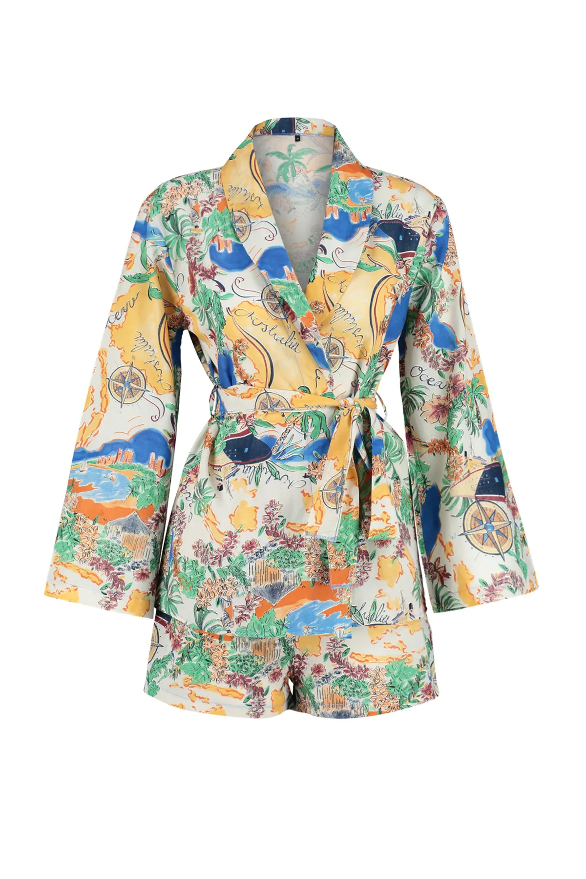 Trendyol Collection  Tropisch gemustertes, gewebtes Kimono-Shorts-Set aus 100 % Baumwolle mit Gürtel TBESS24AU00012