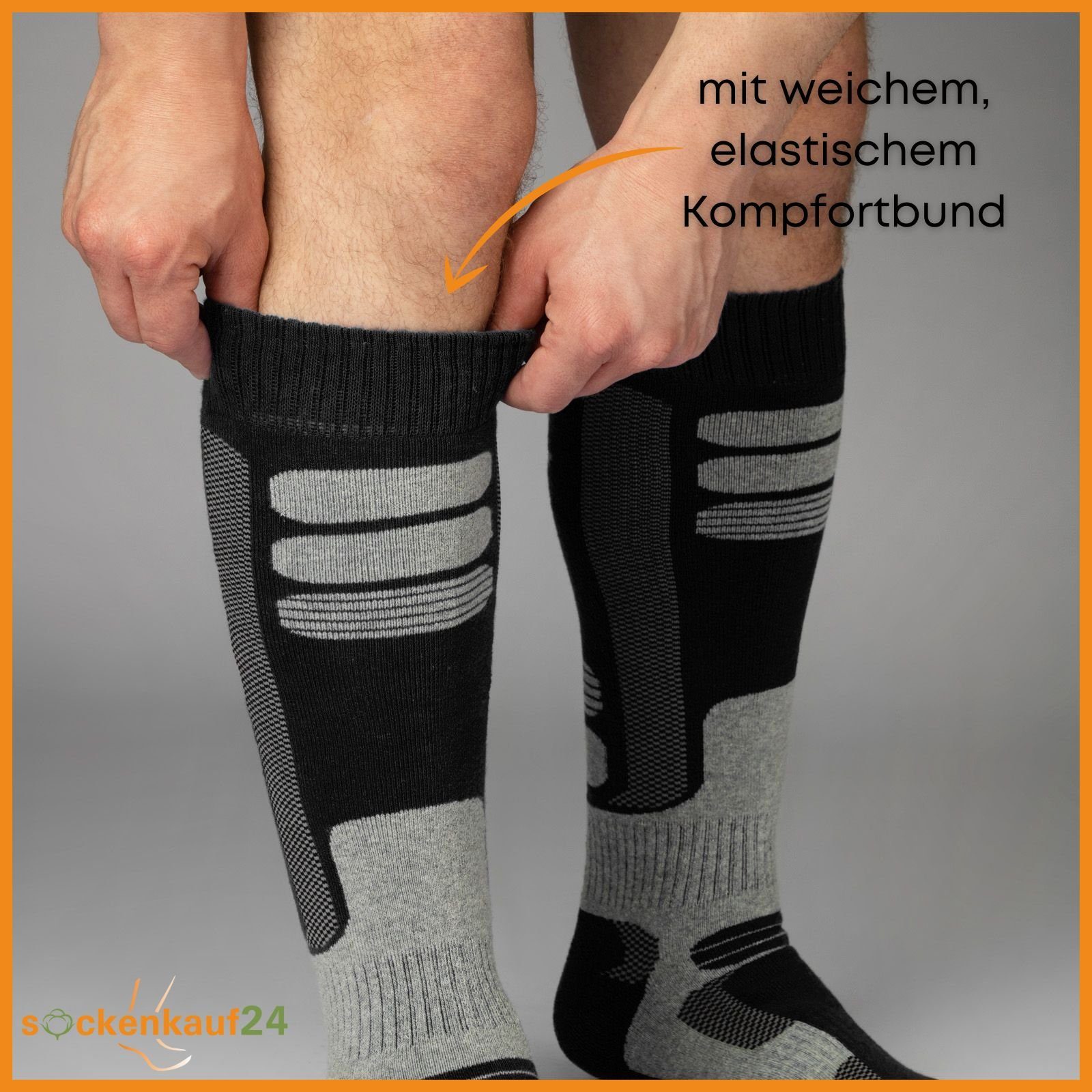 sockenkauf24 Skisocken 2 Paar Ski Strümpfe Herren & Damen Ski Socken lang (Schwarz/Schwarz, 43-46) Atmungsaktiv - 42816 WP