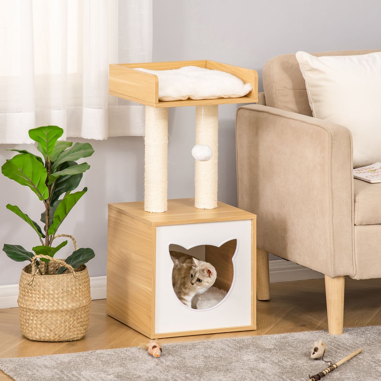 PawHut Kratzbaum mit Katzenhöhle 2 weichen Kissen Katzenbaum Katzenbett Sisal