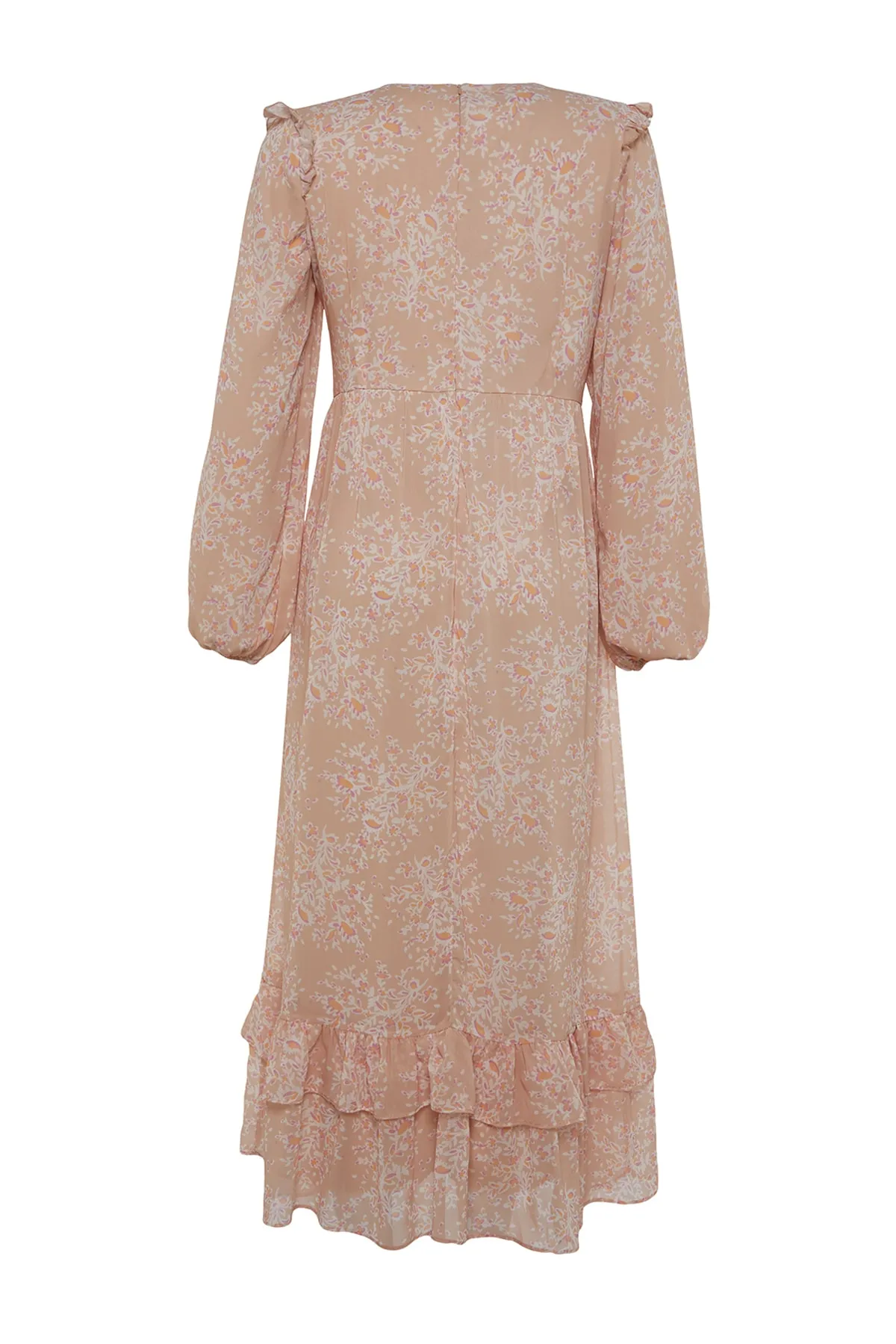 Trendyol Modest  Hellrosa Kleid aus gewebtem Chiffon mit Blumenmuster, Rüschen an der Schulter und Futter TCTSS23EB00143