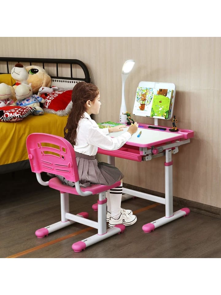 COSTWAY Kinderschreibtisch mit Lampe & Stuhl in Rosa günstig kaufen onesize