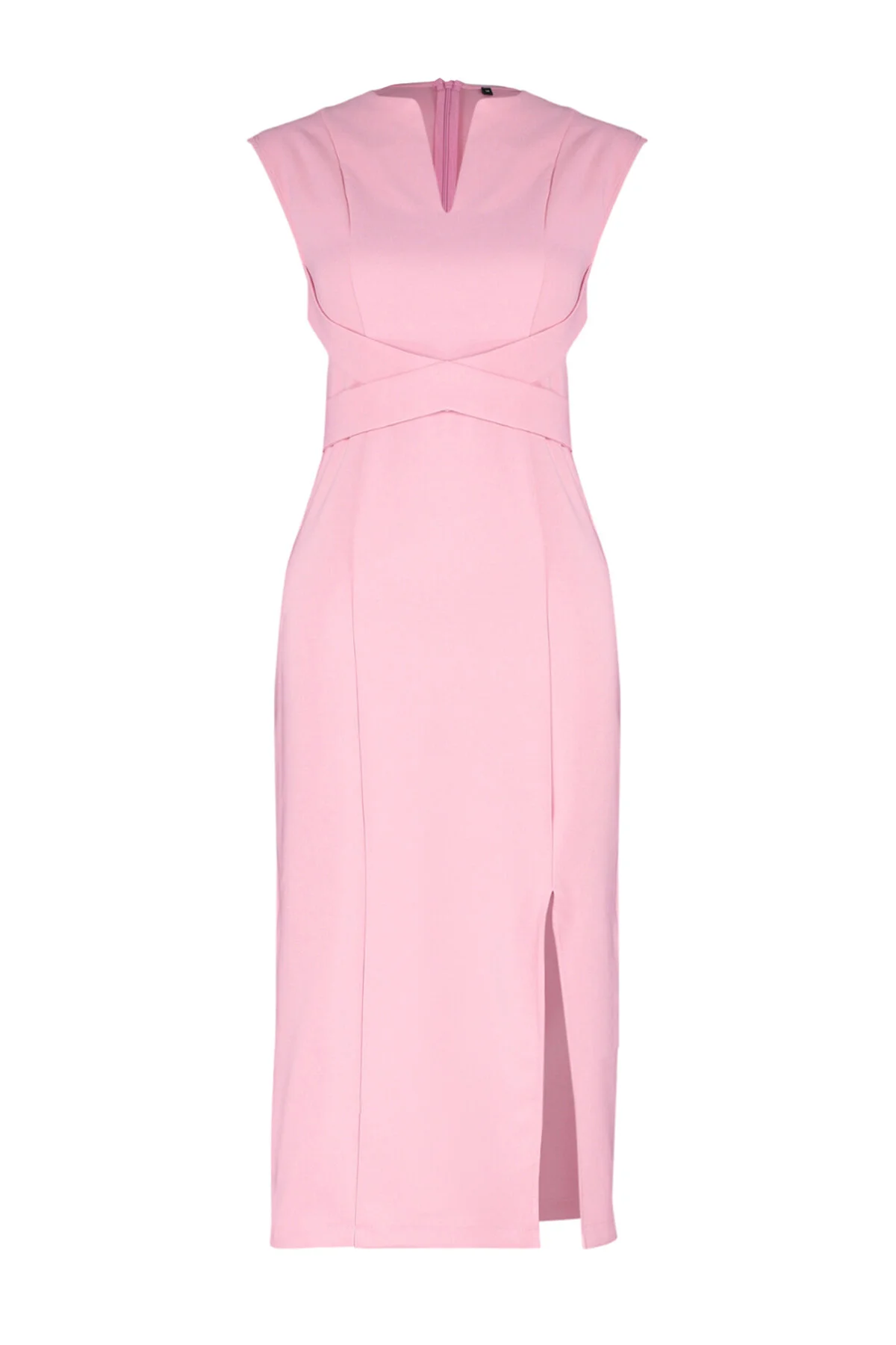 Trendyol Collection  Rosafarbenes, figurbetontes, gewebtes Midikleid mit V-Ausschnitt und Schlitz und detailliertem Schnitt TWOSS24EL00606