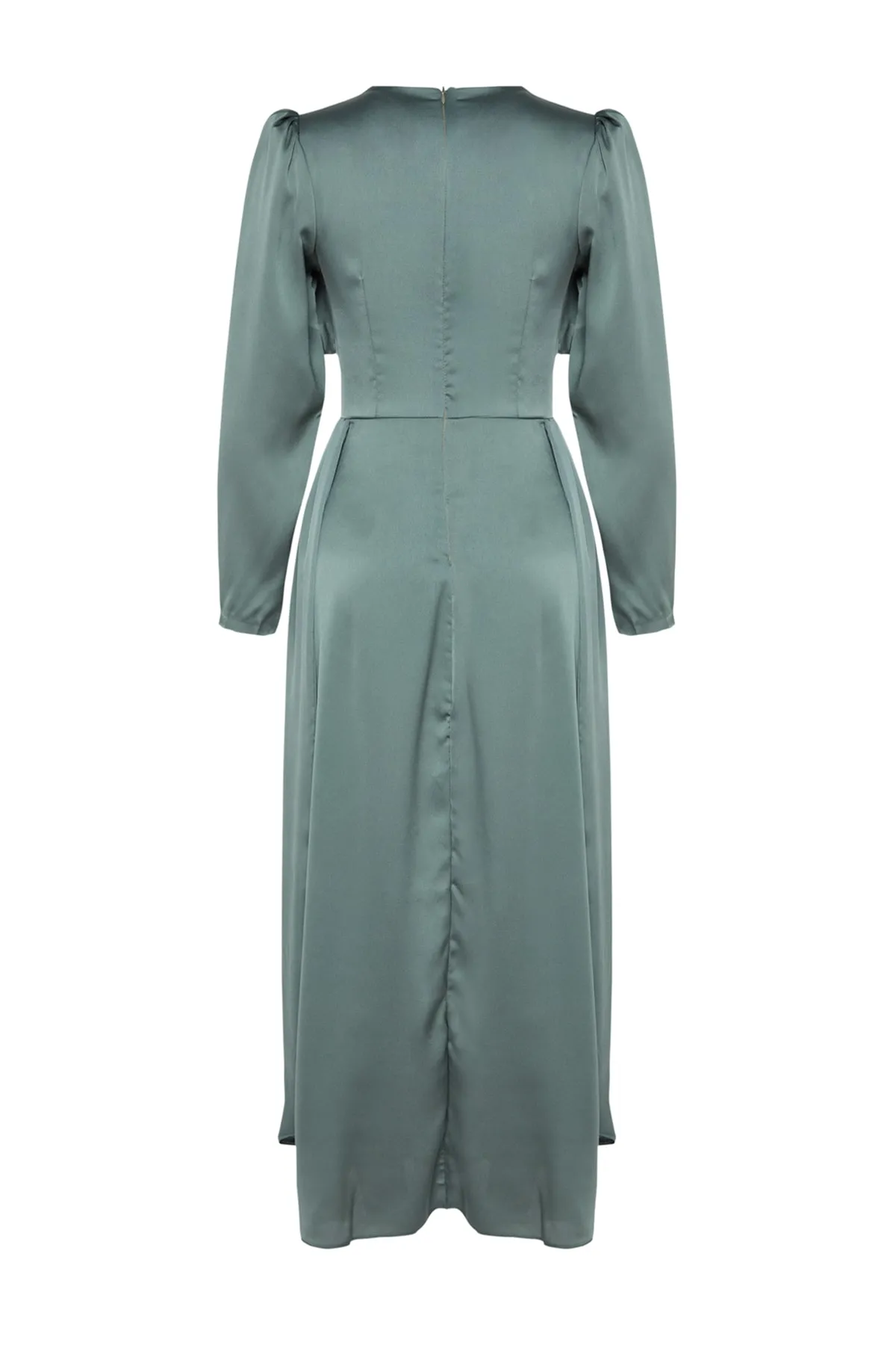 Trendyol Modest  Khakifarbenes Satin-Abendkleid mit Schalkragen TCTAW24DB00004