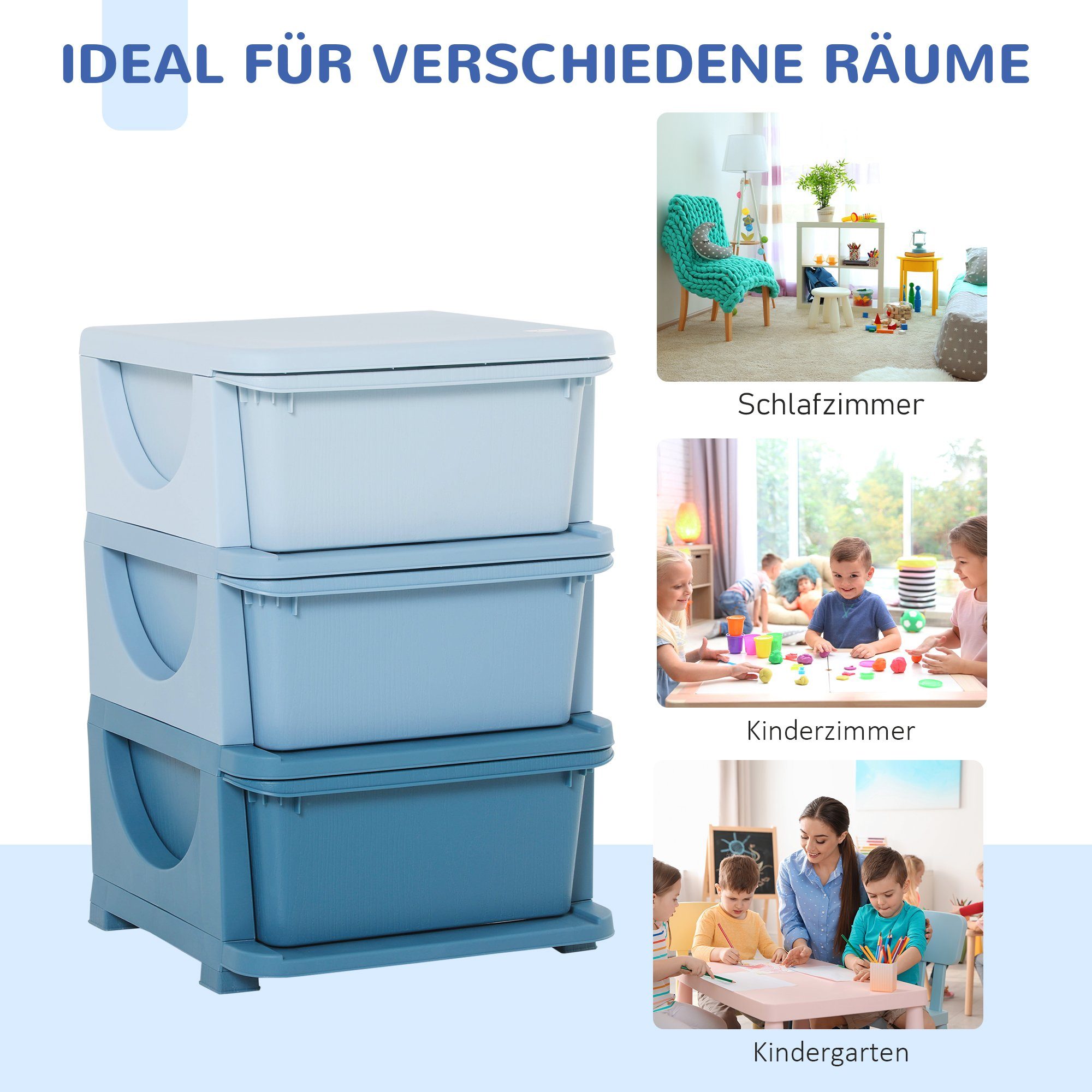 HOMCOM Spielzeugtruhe mit Stauraum Aufbewahrungsboxen Spielzeug-Organizer Blau (Set, 1 St., drei Ebene für Kinderzimmer 3-6 Jahre), 37L x 37B x 56.5H cm
